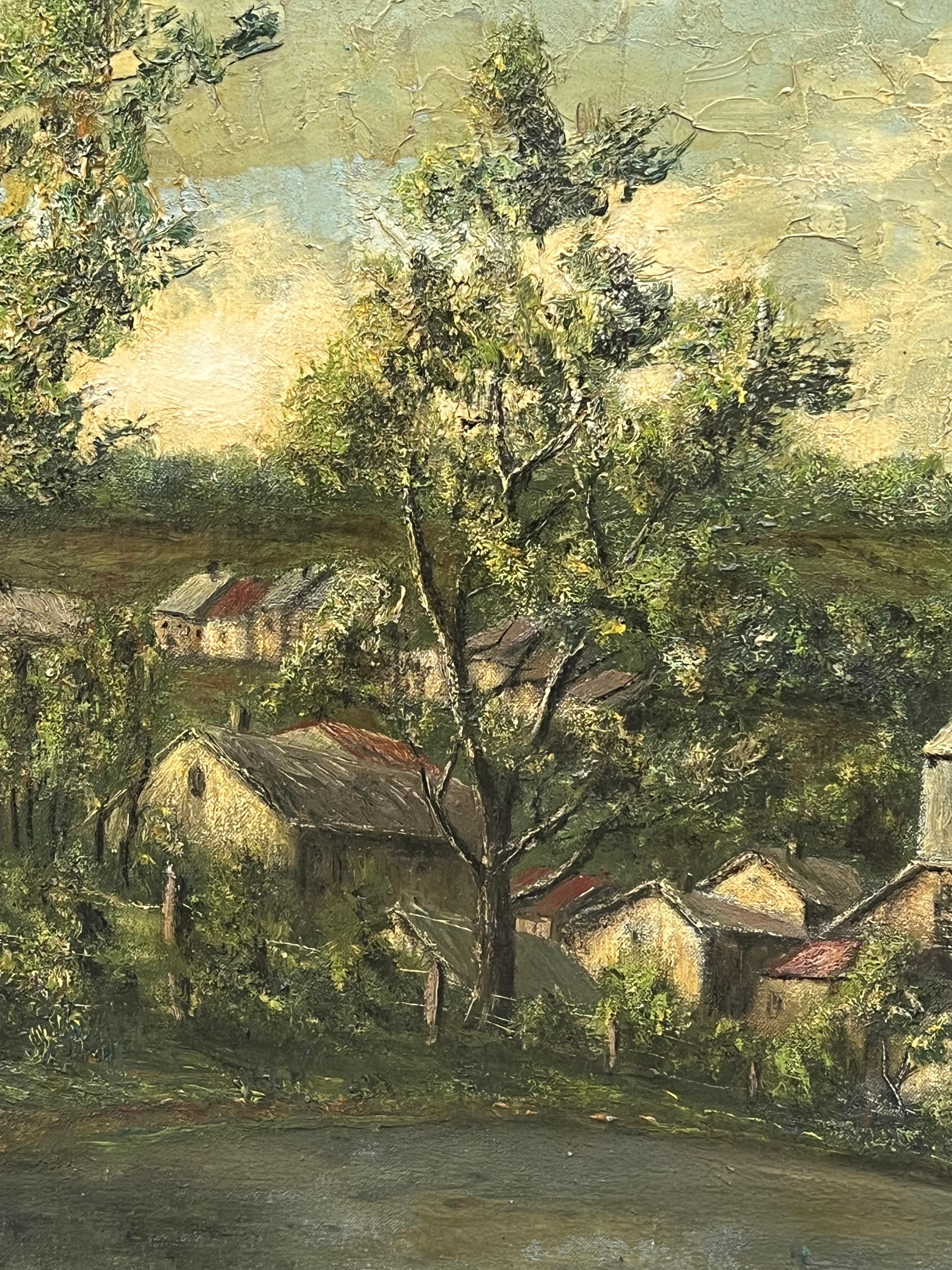 Spine Church's and Cottages In The Bright Green Field Landscape Ölgemälde – Painting von Jean Fourie