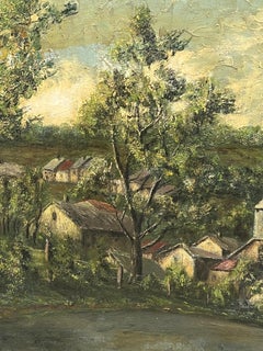 Chiesa di Spine e cottage in un paesaggio di campo verde e luminoso Pittura a olio