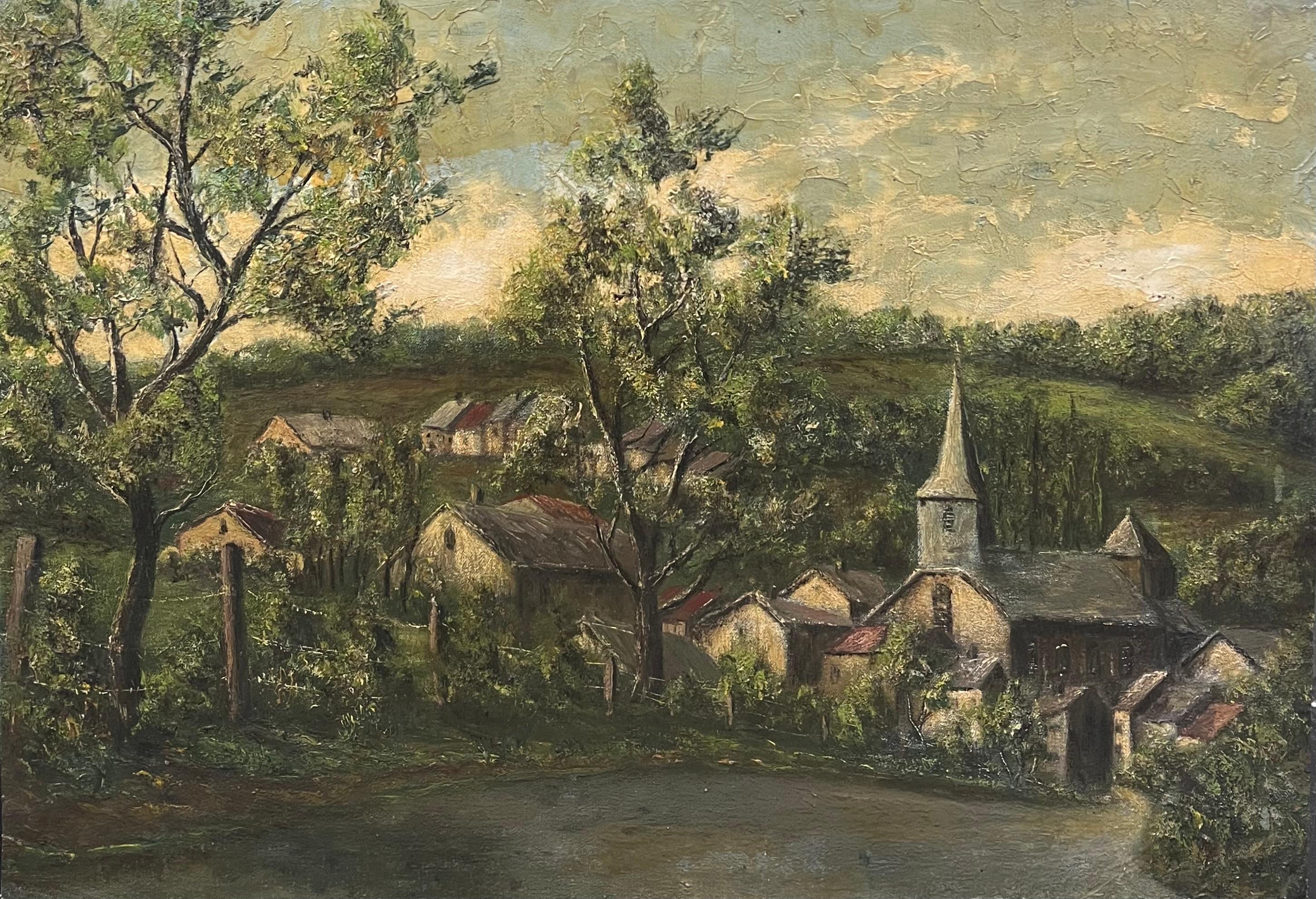 Spine Church's and Cottages In The Bright Green Field Landscape Ölgemälde (Französische Schule), Painting, von Jean Fourie