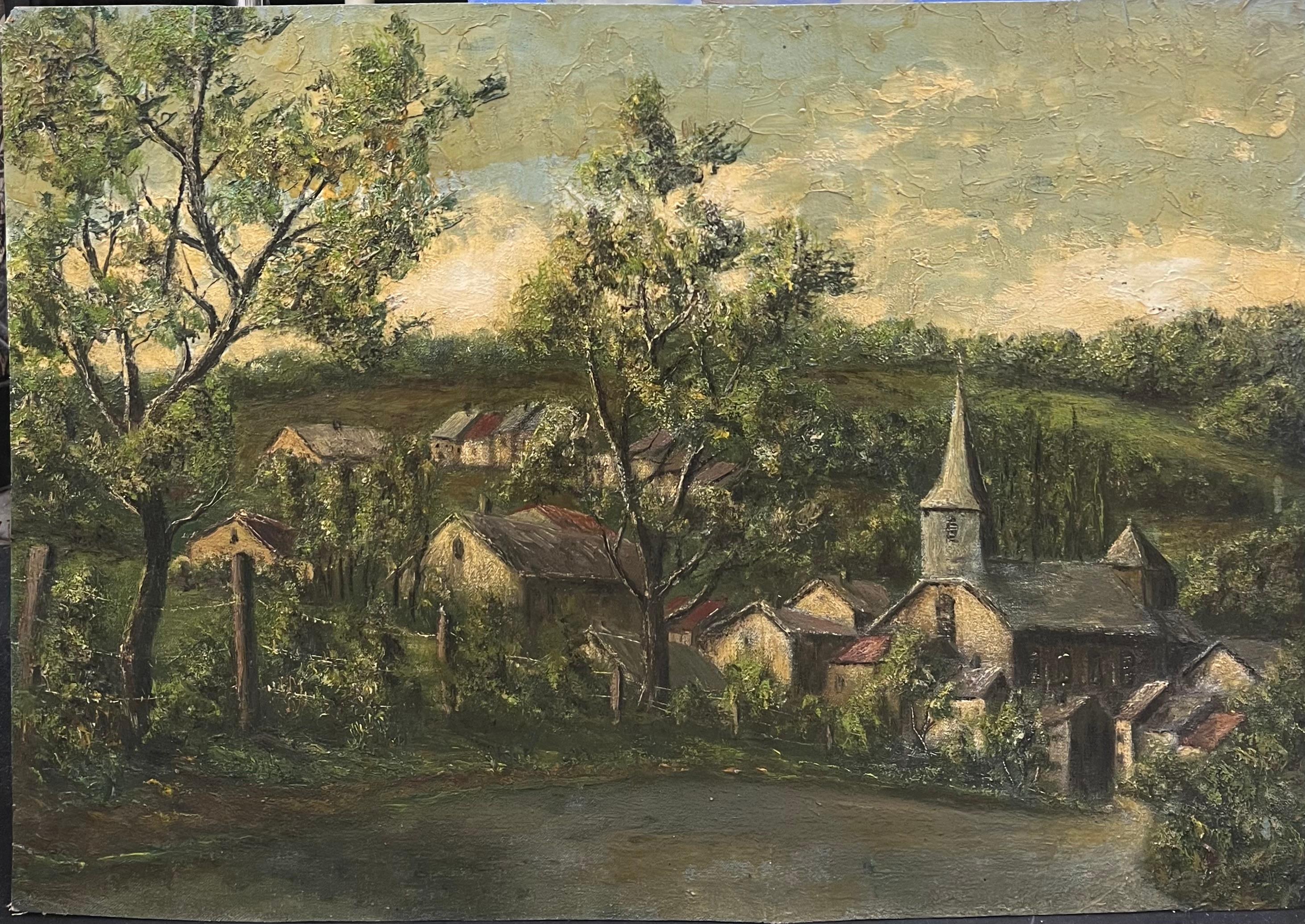 Spine Church's and Cottages In The Bright Green Field Landscape Ölgemälde (Braun), Landscape Painting, von Jean Fourie