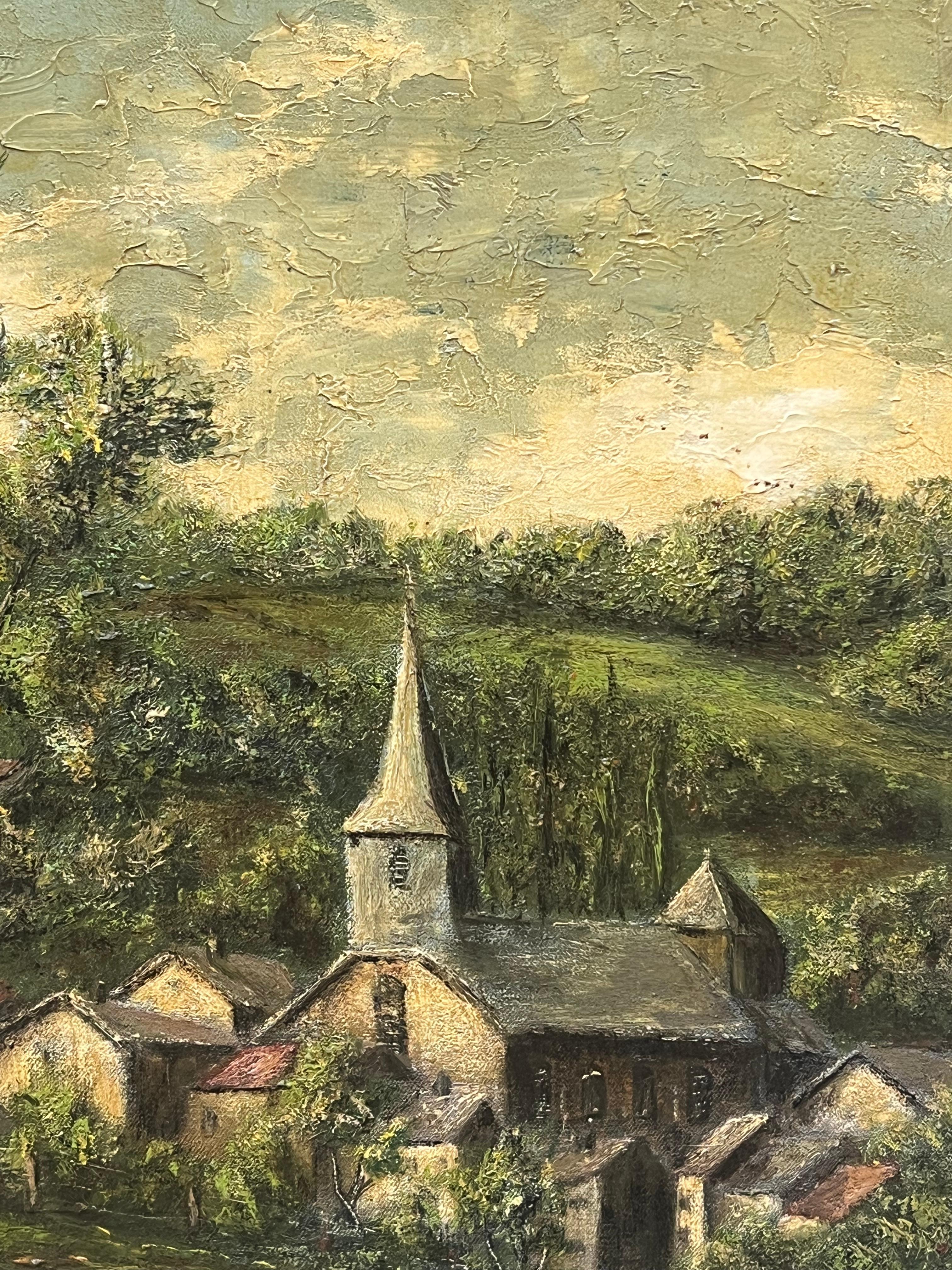 Spine Church's and Cottages In The Bright Green Field Landscape Ölgemälde im Angebot 1