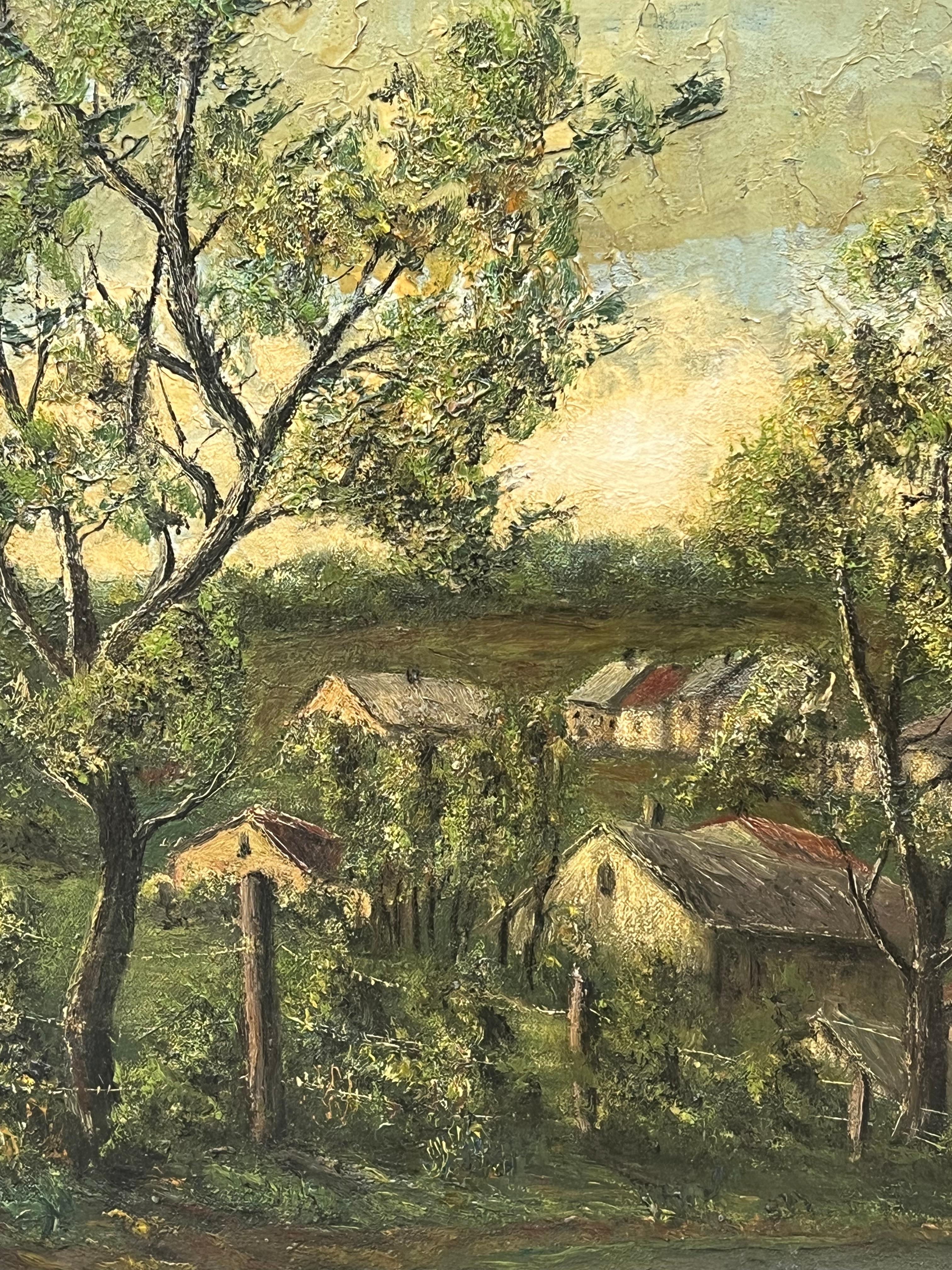 Spine Church's and Cottages In The Bright Green Field Landscape Ölgemälde im Angebot 2