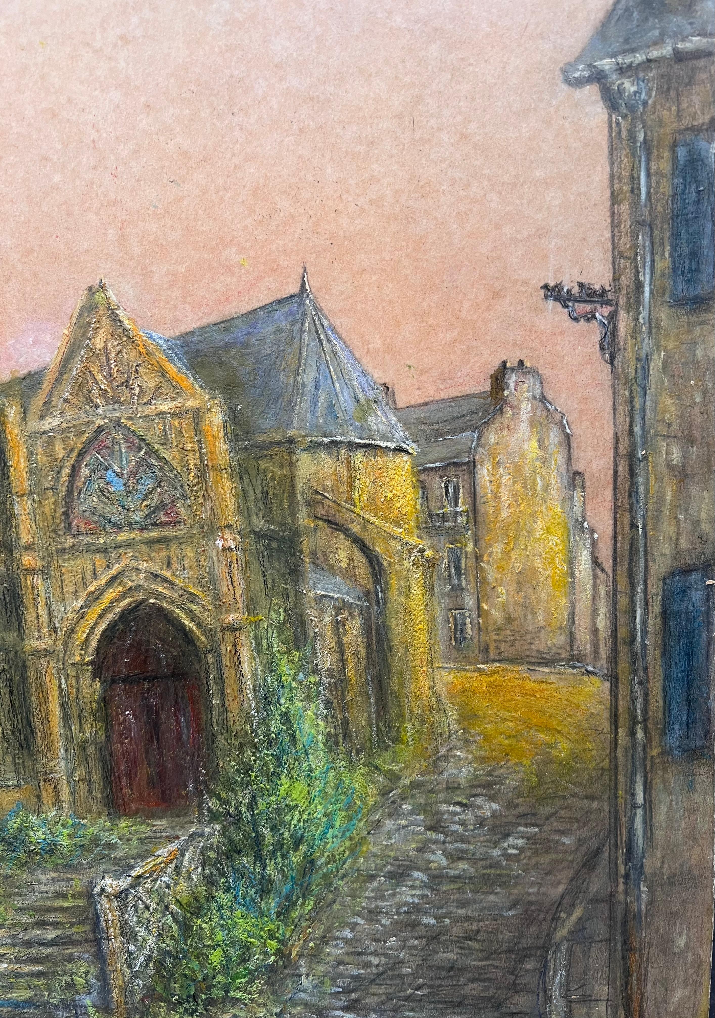 Spine Church Nestled in The Village Townes Ölgemälde Landschaft (Beige), Landscape Painting, von Jean Fourie