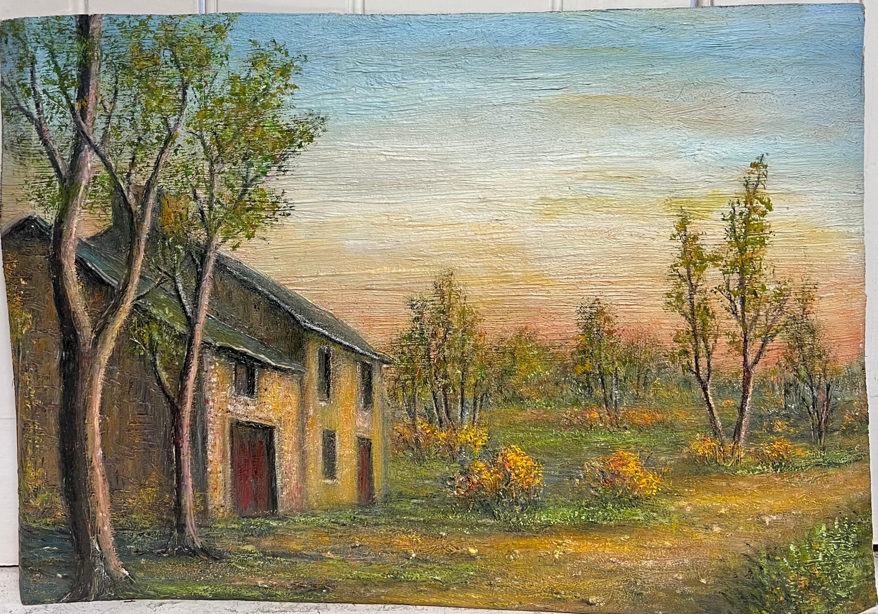 Ferme en pierre avec arbres d'automne dans la lumière douce du soir Peinture à l'huile de paysage - Painting de Jean Fourie