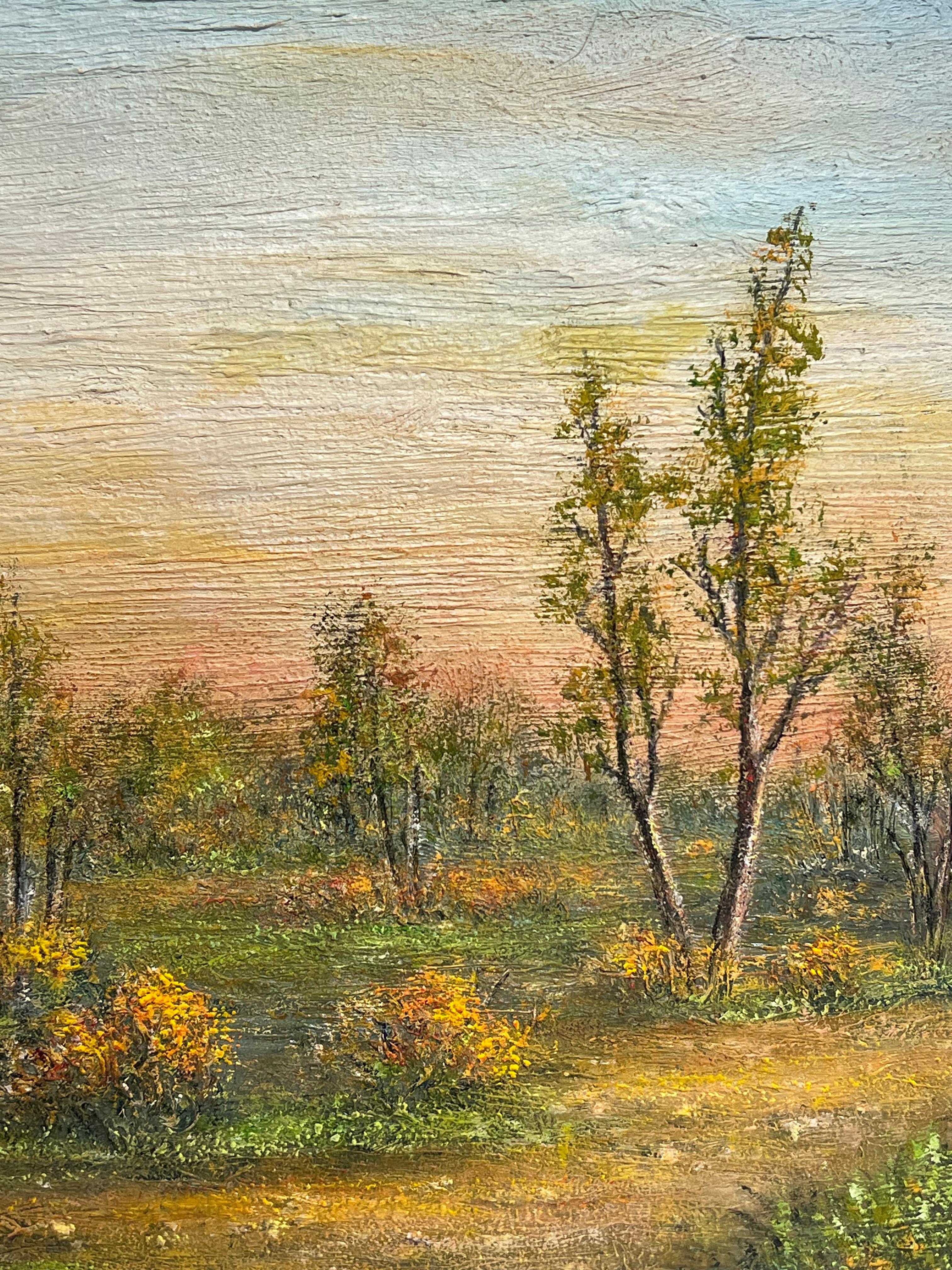 Ferme en pierre avec arbres d'automne dans la lumière douce du soir Peinture à l'huile de paysage - École française Painting par Jean Fourie