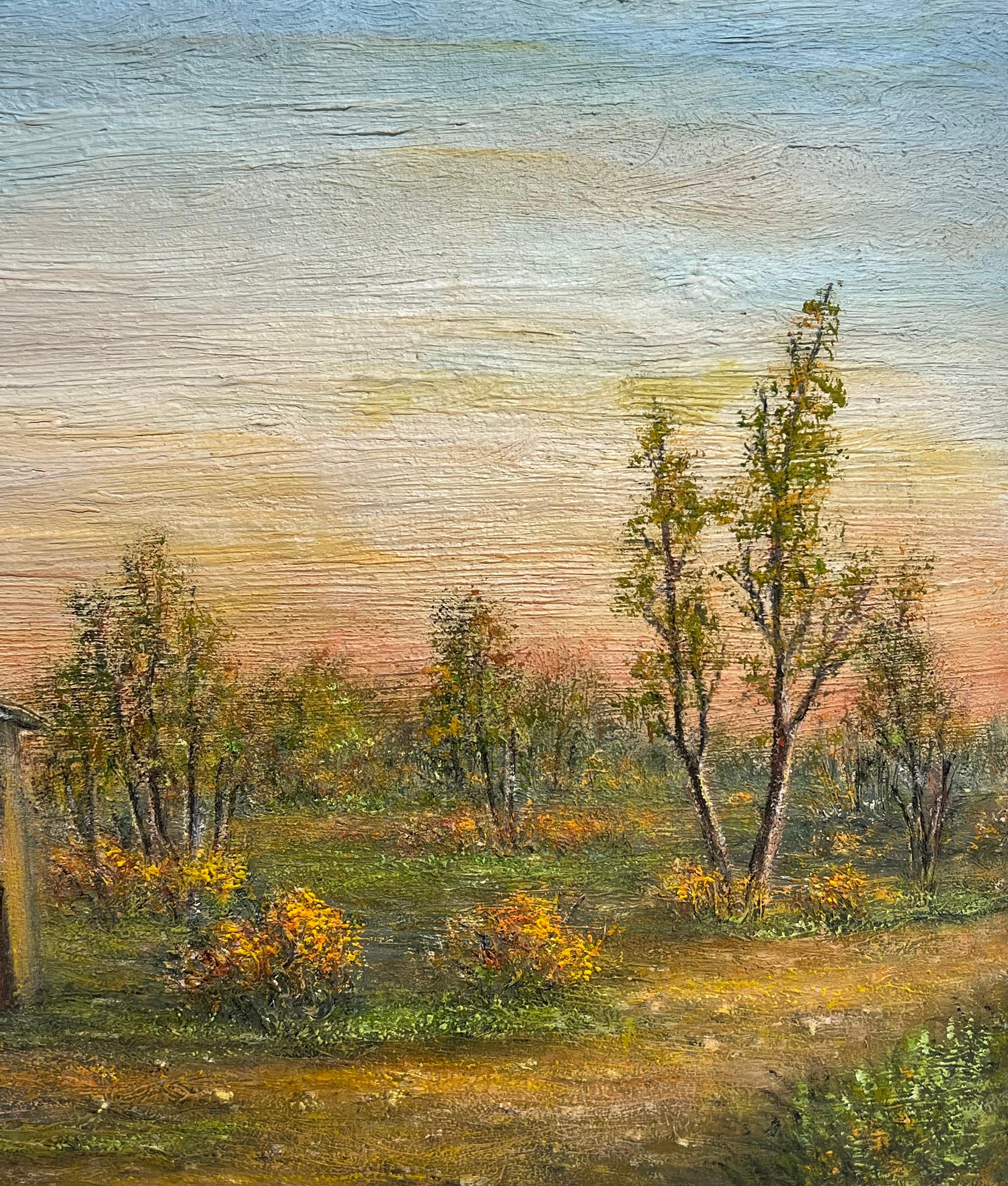 Ferme en pierre avec arbres d'automne dans la lumière douce du soir Peinture à l'huile de paysage - Marron Landscape Painting par Jean Fourie