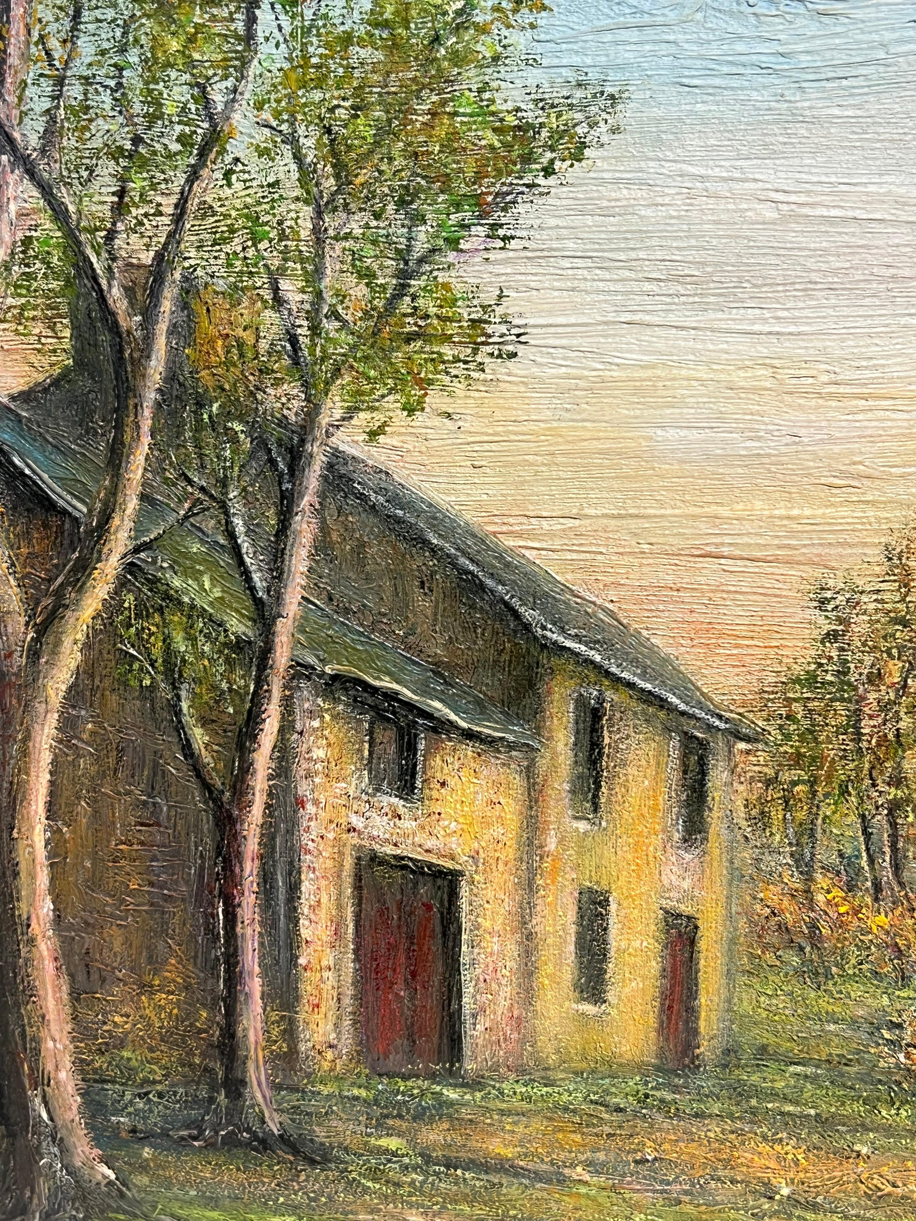 Stonehouse à la lumière du soir
par Jean Fourie (1927-2015)
Artistics français, peignant dans la région de Champagne en France
peinture à l'huile sur toile libre, non encadrée
planche : 12,5 x 18,5 pouces
État : quatre coins du tableau légèrement