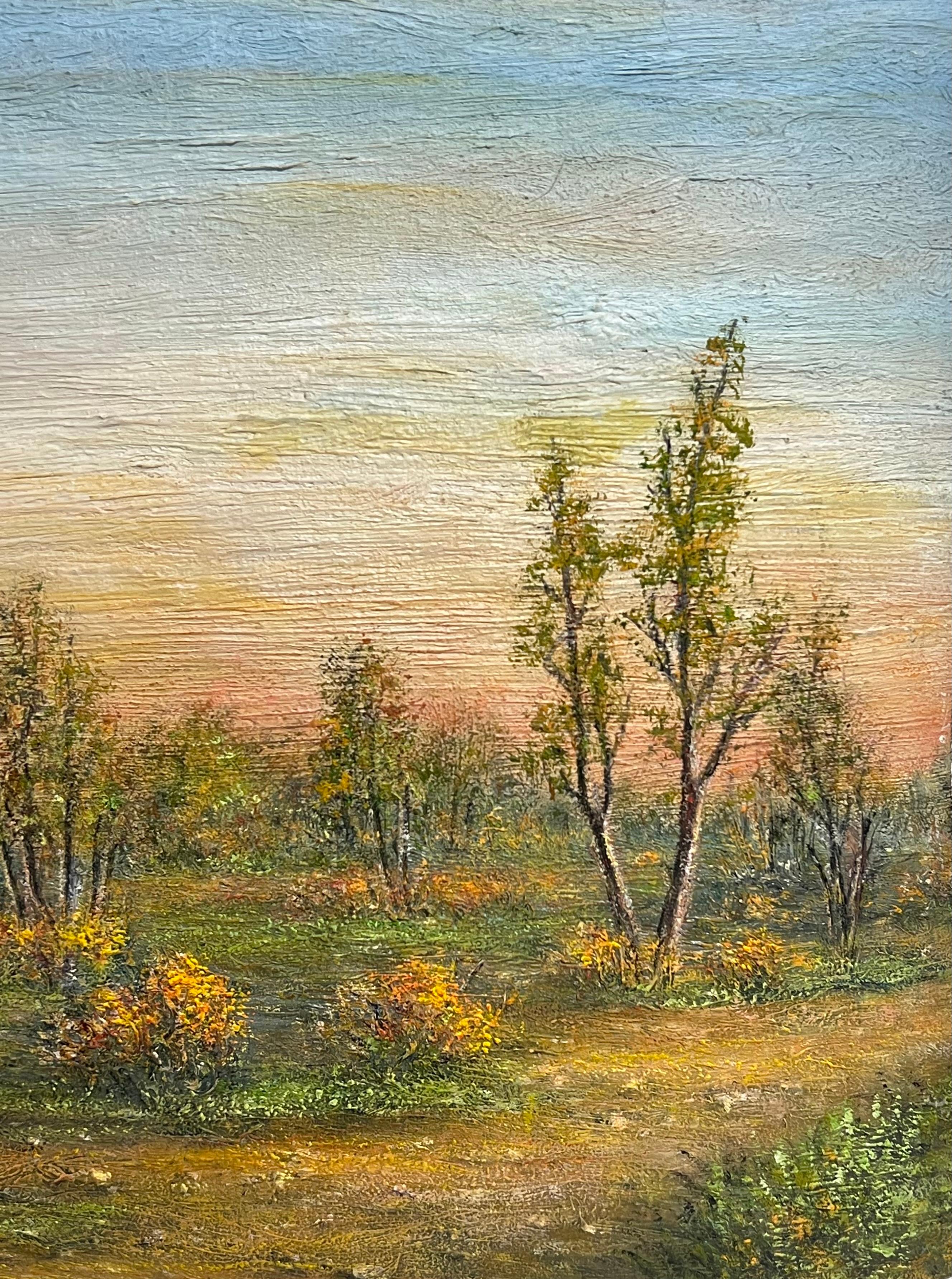 Ferme en pierre avec arbres d'automne dans la lumière douce du soir Peinture à l'huile de paysage en vente 1