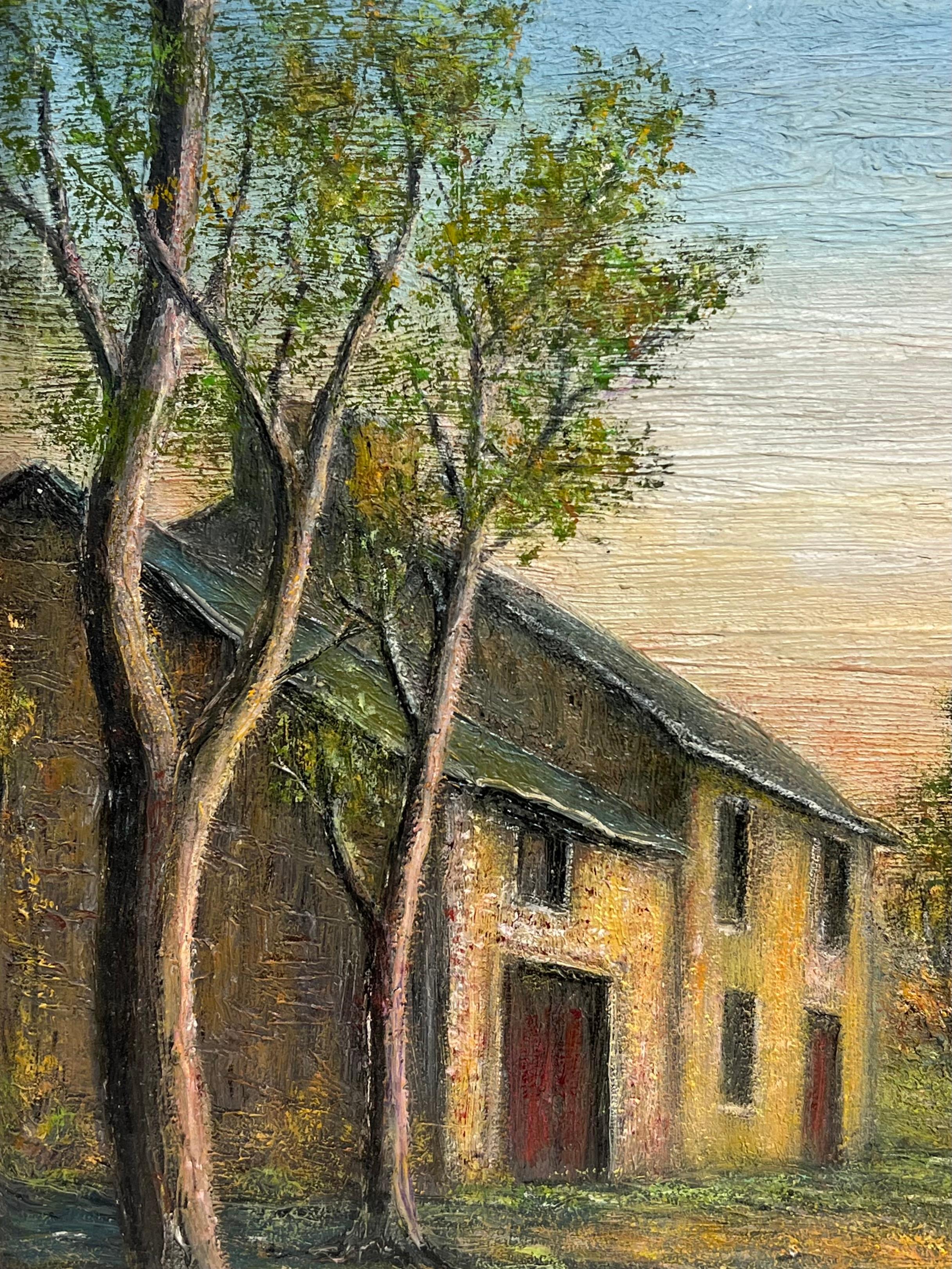 Ferme en pierre avec arbres d'automne dans la lumière douce du soir Peinture à l'huile de paysage en vente 2