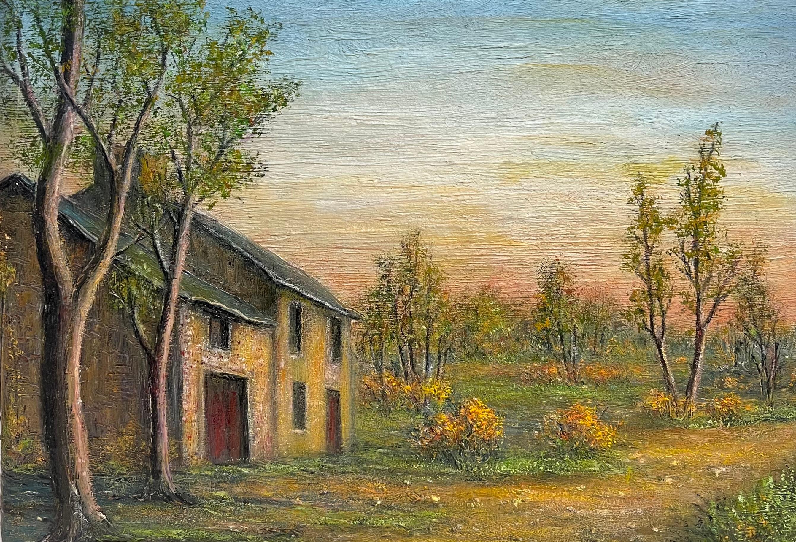 Landscape Painting Jean Fourie - Ferme en pierre avec arbres d'automne dans la lumière douce du soir Peinture à l'huile de paysage
