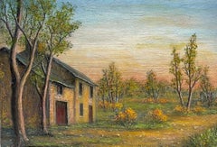 Ferme en pierre avec arbres d'automne dans la lumière douce du soir Peinture à l'huile de paysage