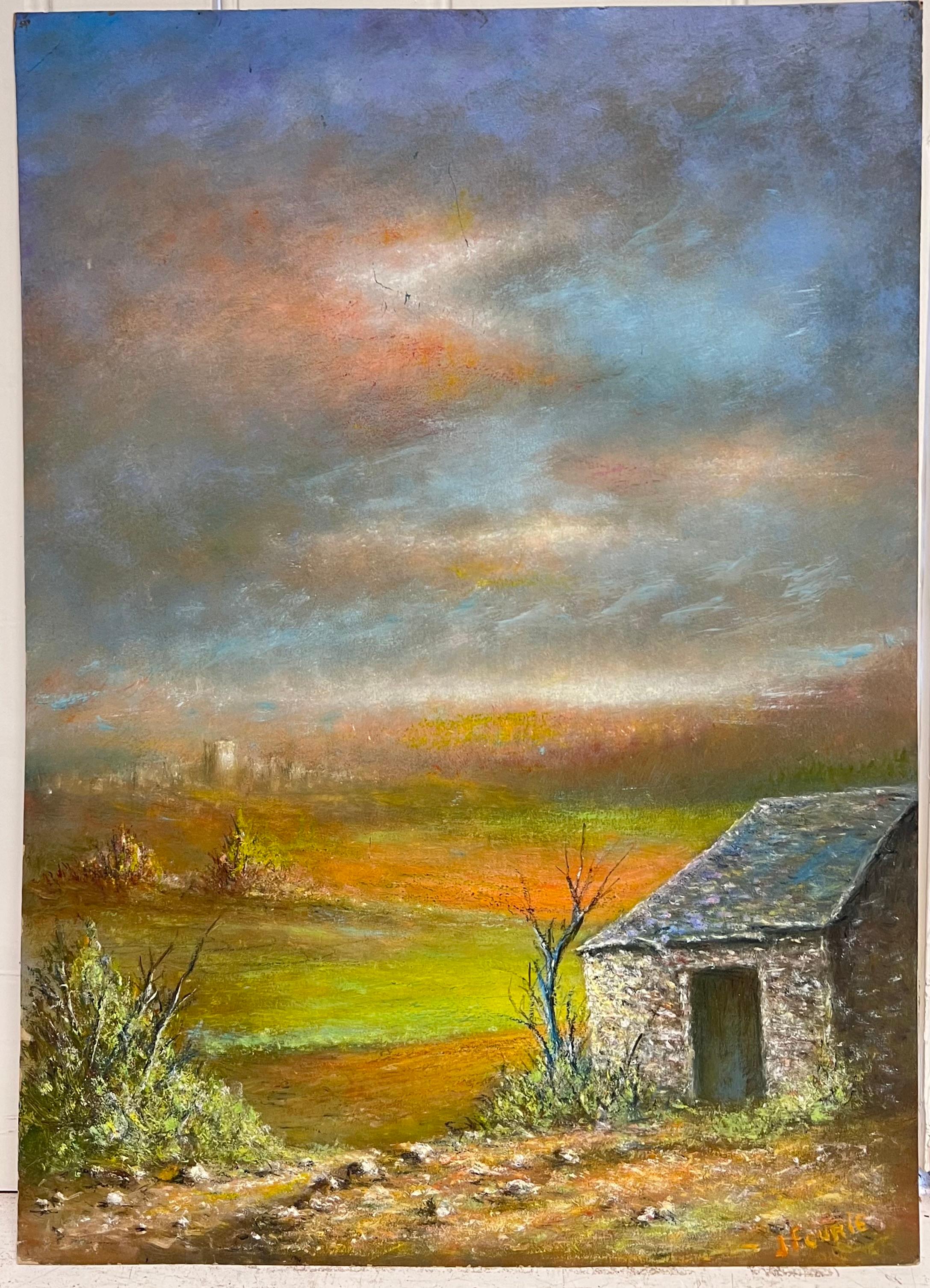 Steinhütte im herbstlichen Sonnenuntergang Offenes Feld Öl-Landschaftsgemälde – Painting von Jean Fourie