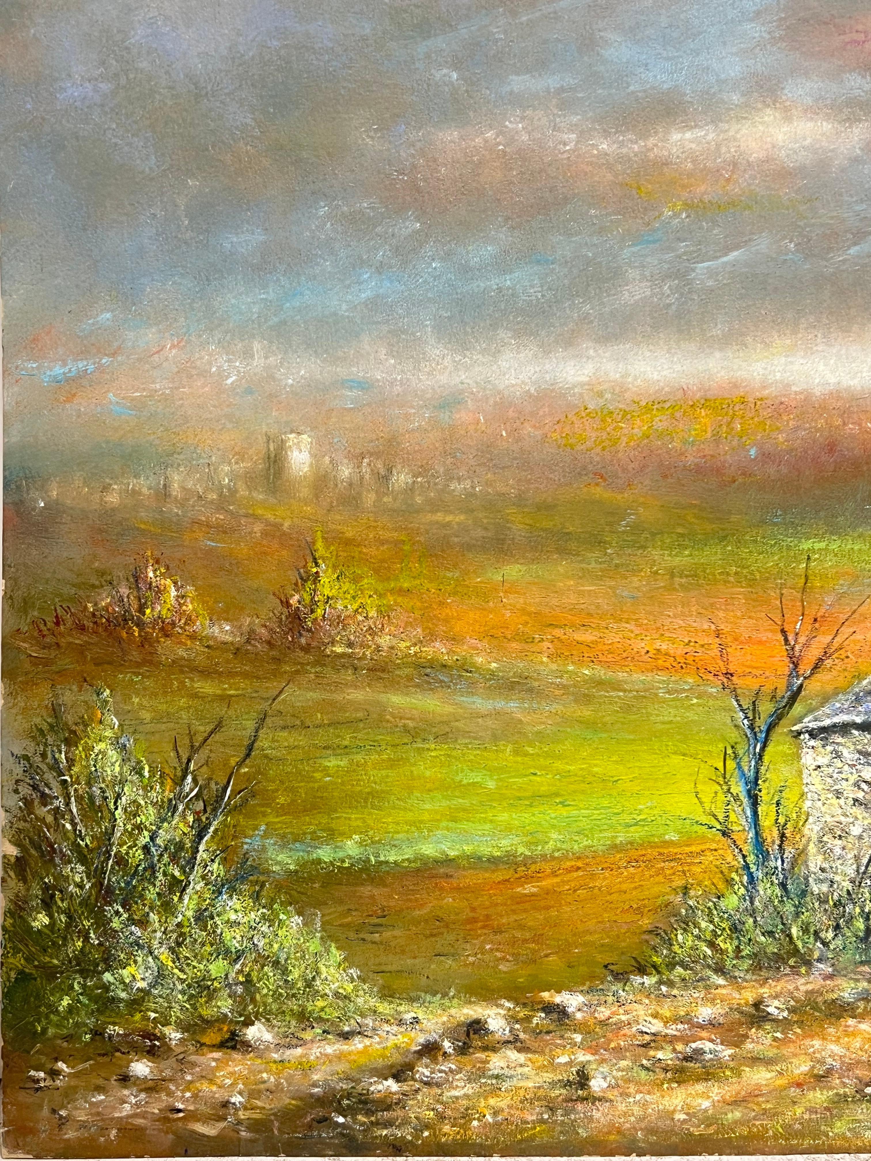 Steinhütte im herbstlichen Sonnenuntergang Offenes Feld Öl-Landschaftsgemälde (Französische Schule), Painting, von Jean Fourie