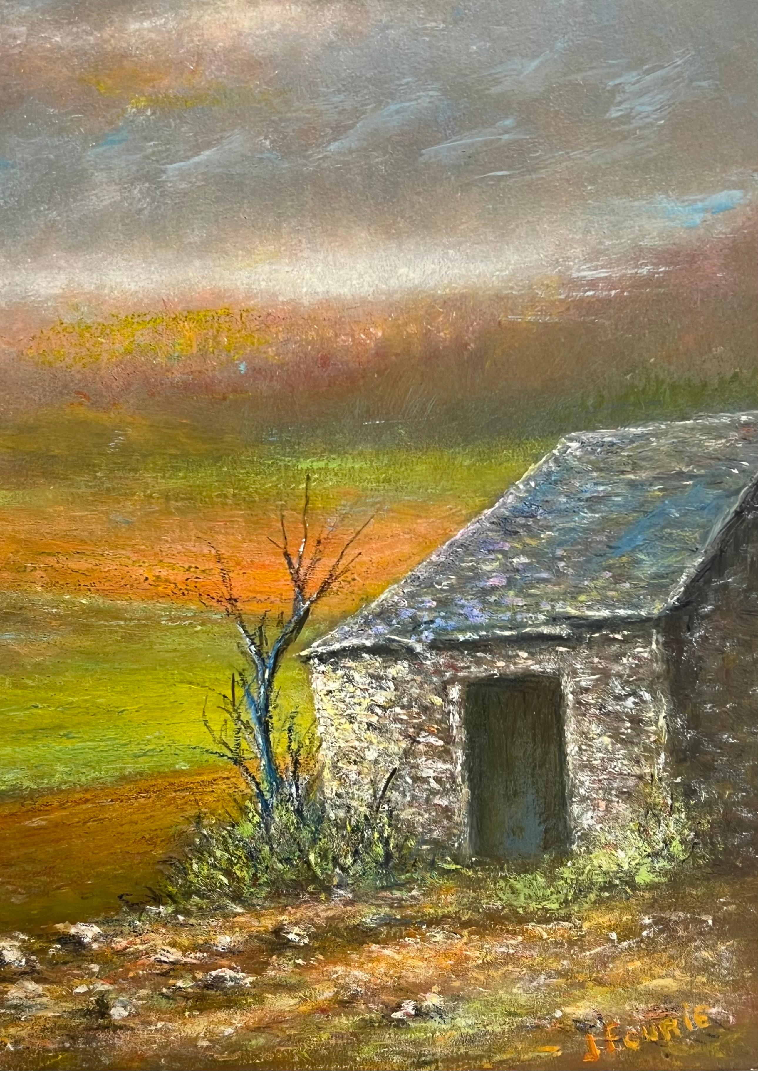Steinhütte im herbstlichen Sonnenuntergang Offenes Feld Öl-Landschaftsgemälde im Angebot 1