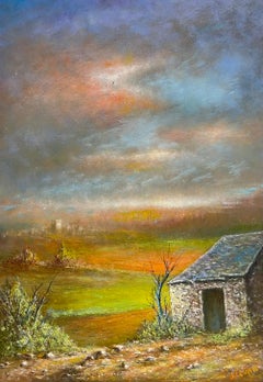 A Stone Hut in a Autumnal Sunset Open Field Oil Landscape Painting (peinture de paysage à l'huile)