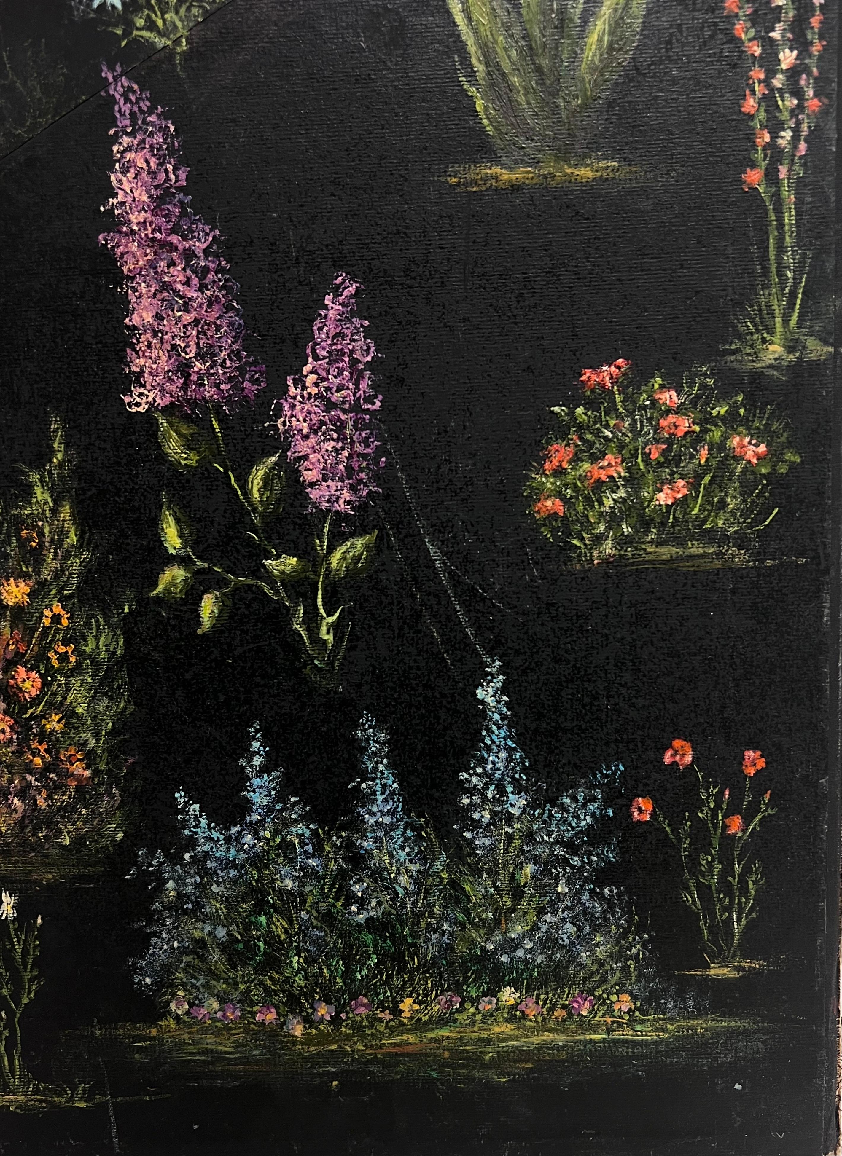 Étude de fleurs de jardin sur fond noir Peinture à l'huile - École française Painting par Jean Fourie