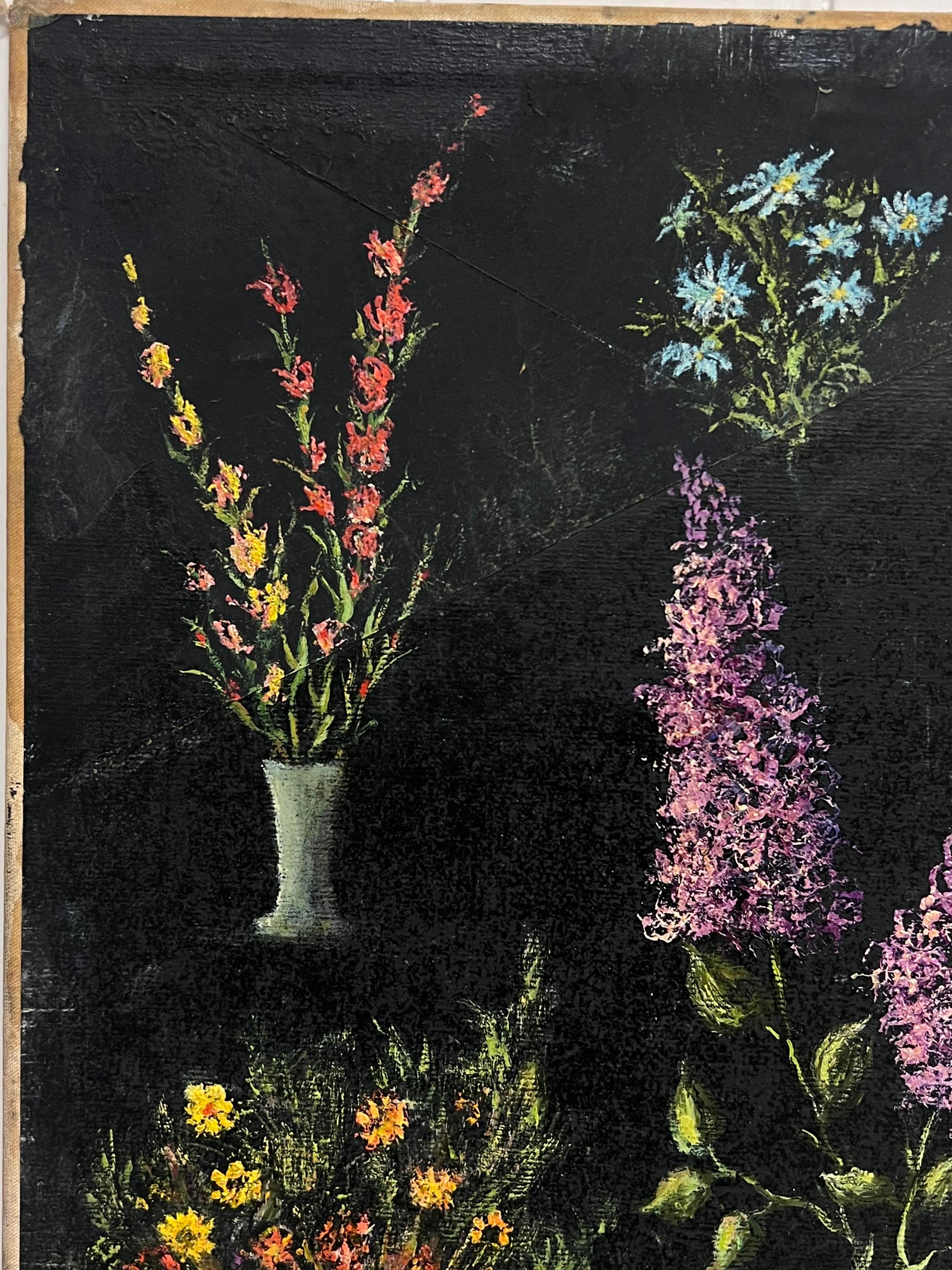 Étude des fleurs 
signé par Jean Fourie (1927-2015)
Artistics français, peignant dans la région de Champagne en France
peinture à l'huile sur carton, non encadrée
double face 
planche : 17.5 x 14 pouces
État : quatre coins du tableau légèrement