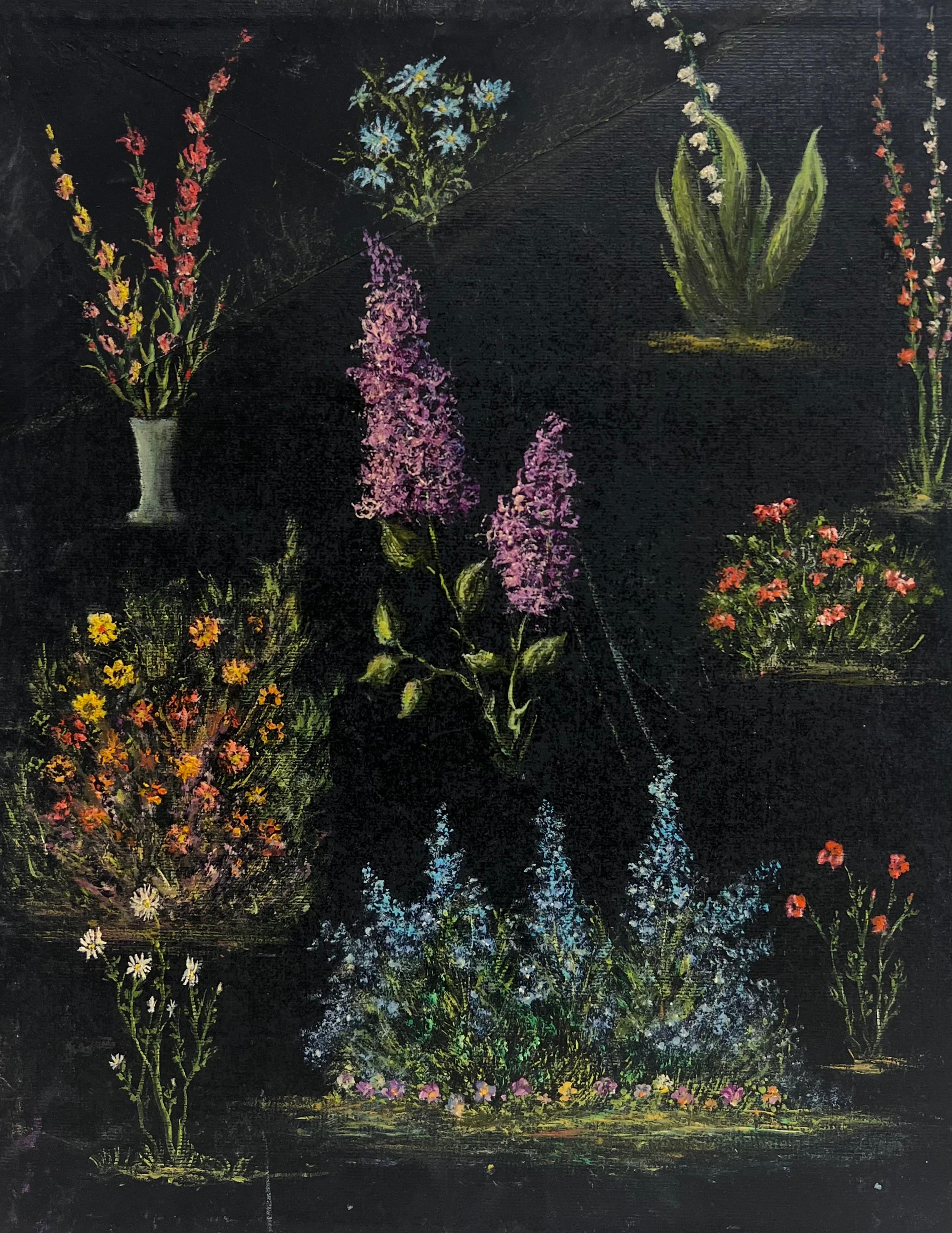 Étude de fleurs de jardin sur fond noir Peinture à l'huile en vente 1