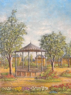 Summer Grandstand In a Floral Garden Grounds Oil Landscape Painting