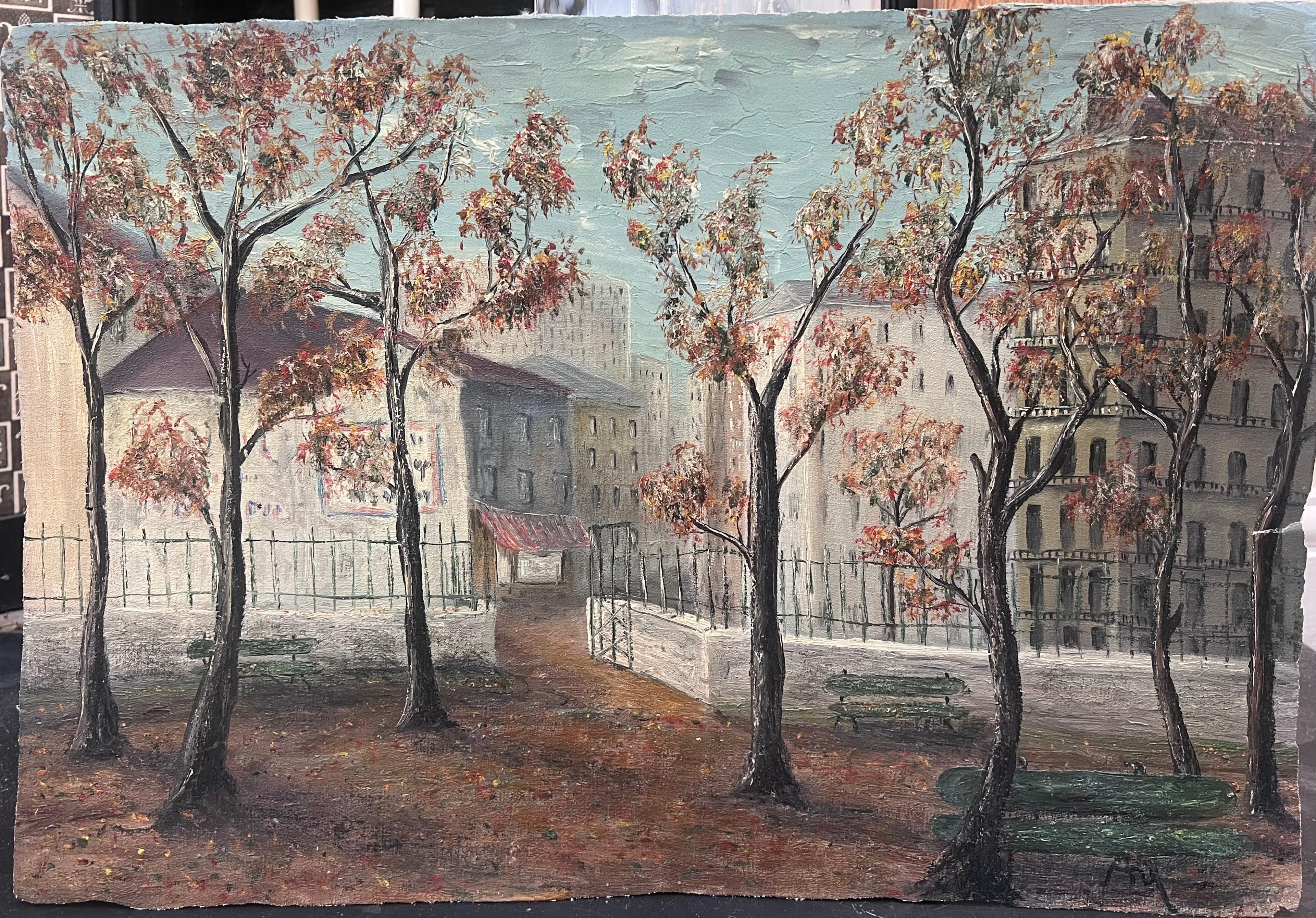 Alti alberi arancioni d'autunno all'ingresso del villaggio Pittura paesaggistica ad olio - Painting di Jean Fourie