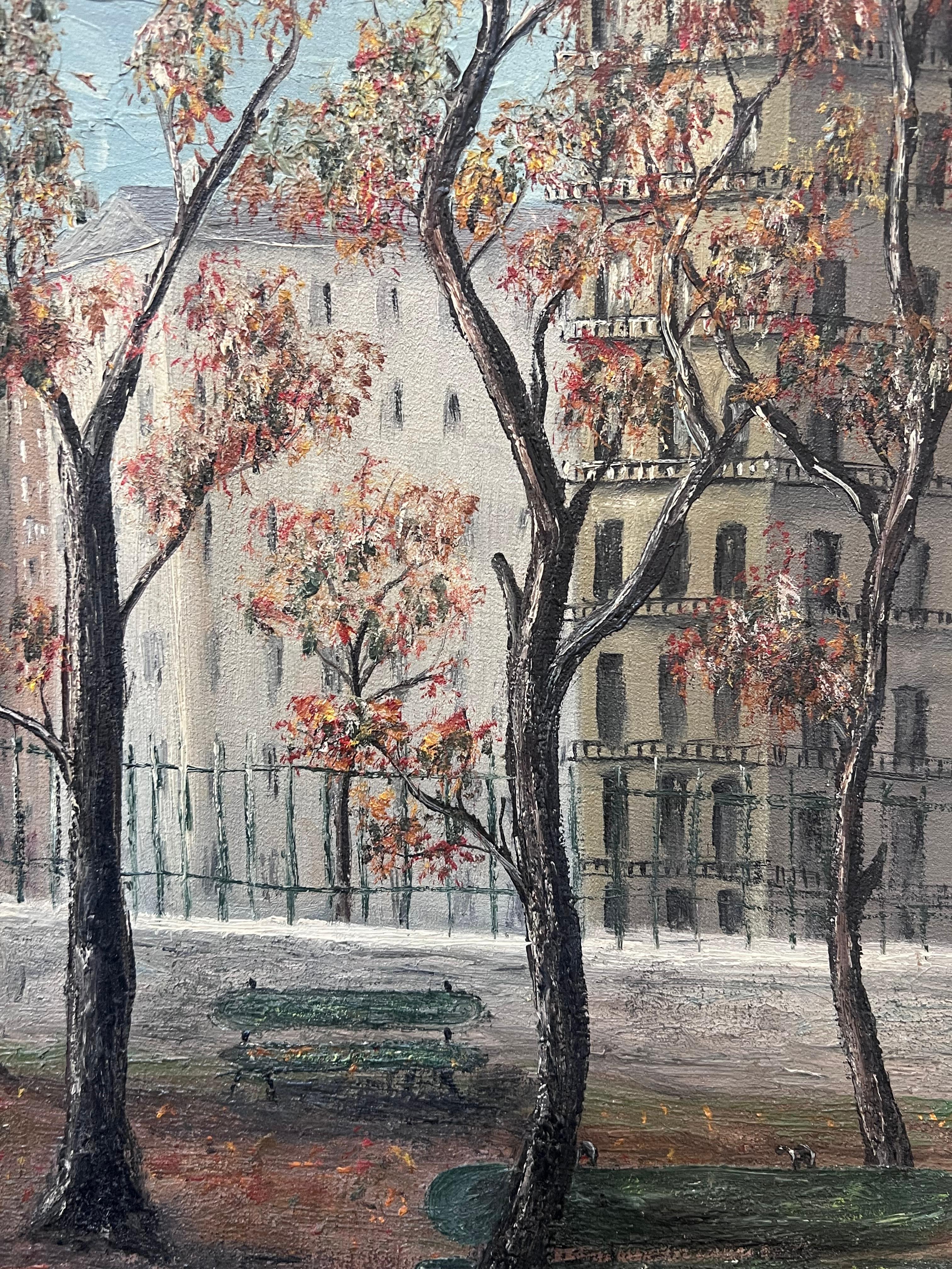 Alti alberi arancioni d'autunno all'ingresso del villaggio Pittura paesaggistica ad olio - Painting Scuola francese di Jean Fourie