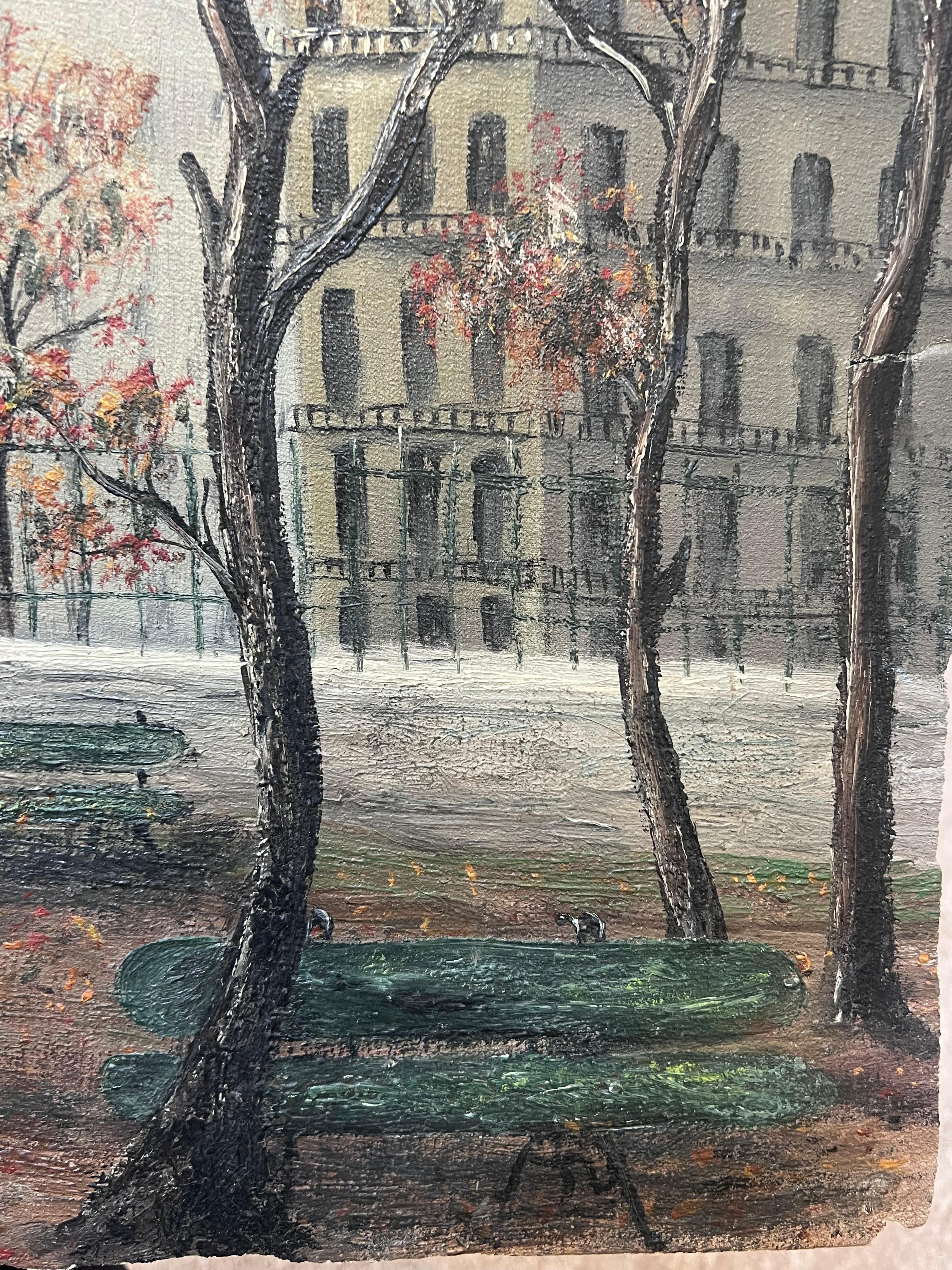 Alti alberi arancioni d'autunno all'ingresso del villaggio Pittura paesaggistica ad olio - Landscape Painting Grigio di Jean Fourie