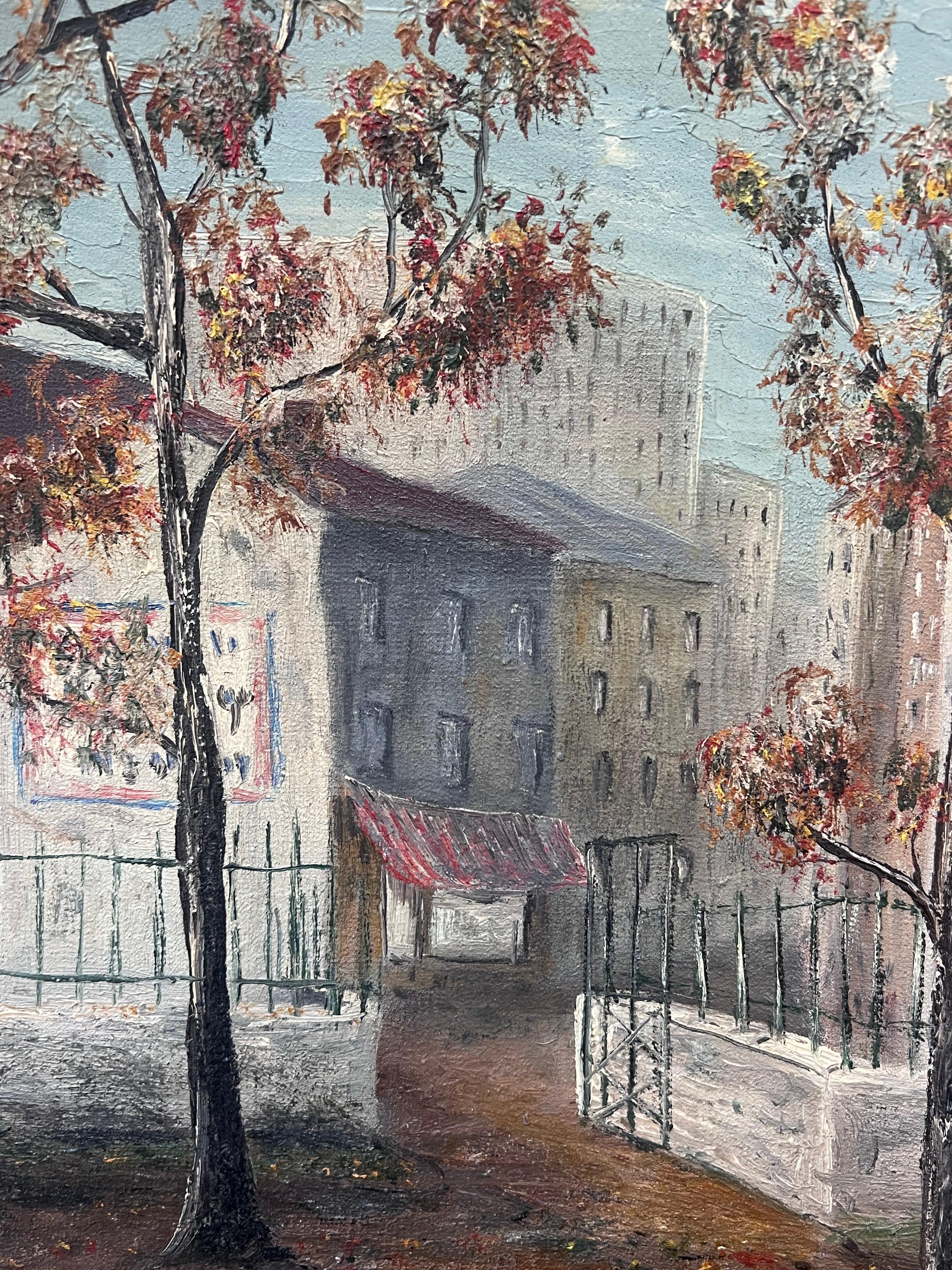 Alti alberi arancioni d'autunno all'ingresso del villaggio Pittura paesaggistica ad olio in vendita 3