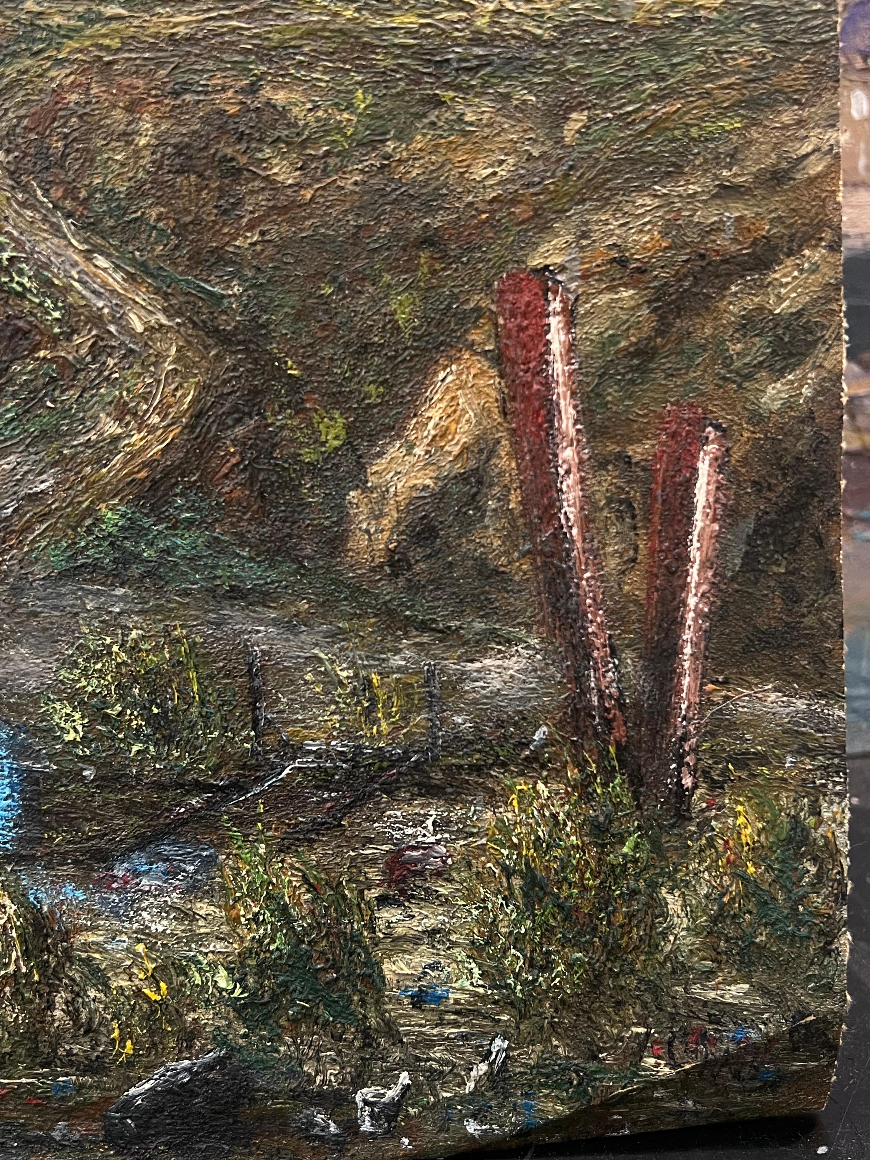 Grand arbre Automne Bois Chemin venteux Peinture à l'huile Paysage - École française Painting par Jean Fourie