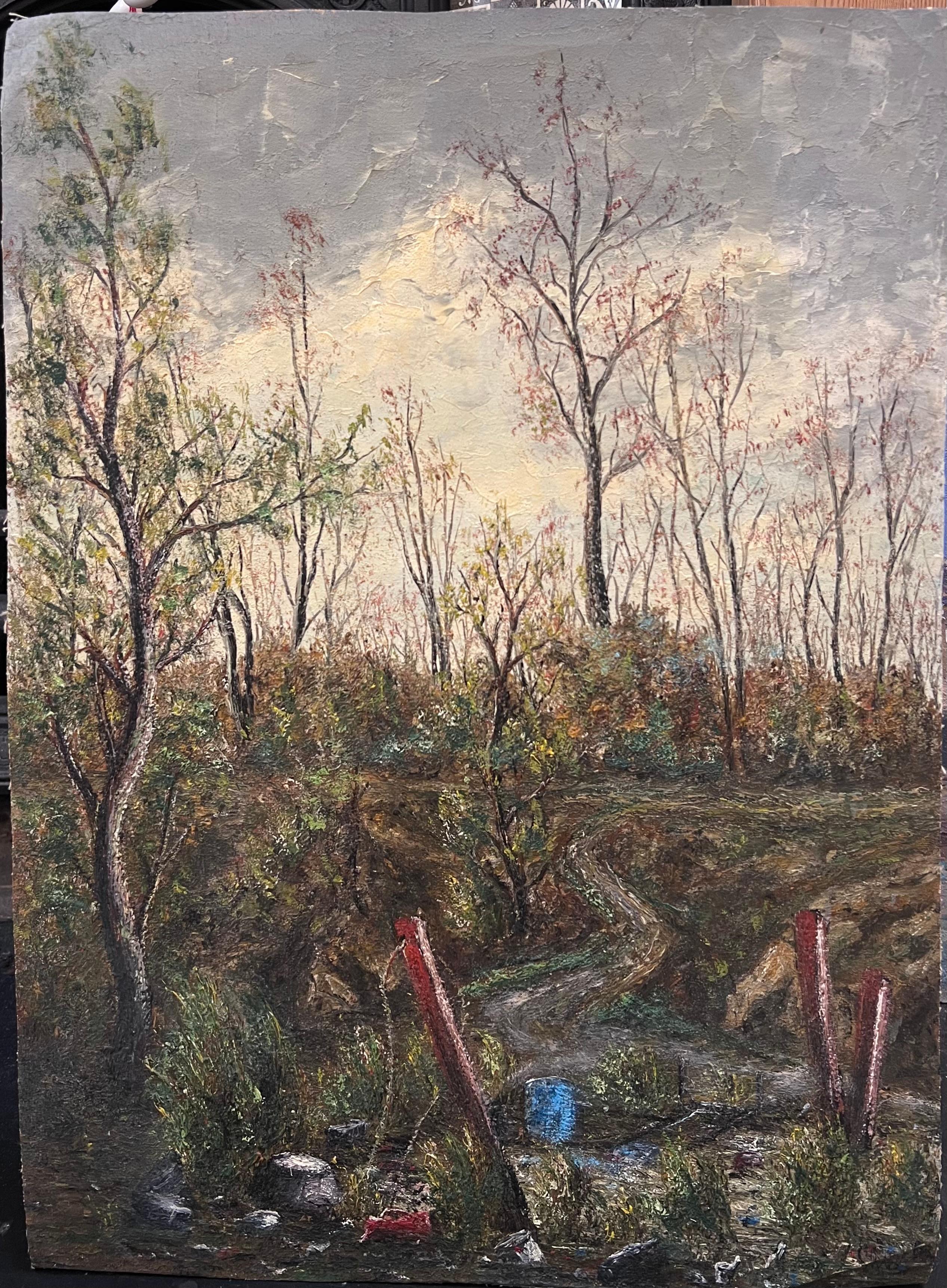 Sentier forestier 
signé par Jean Fourie (1927-2015)
Artistics français, peignant dans la région de Champagne en France
peinture à l'huile sur toile non tendue, non encadrée
peinture : 21.5 x 15 pouces
état : légères marques de surface dues à un