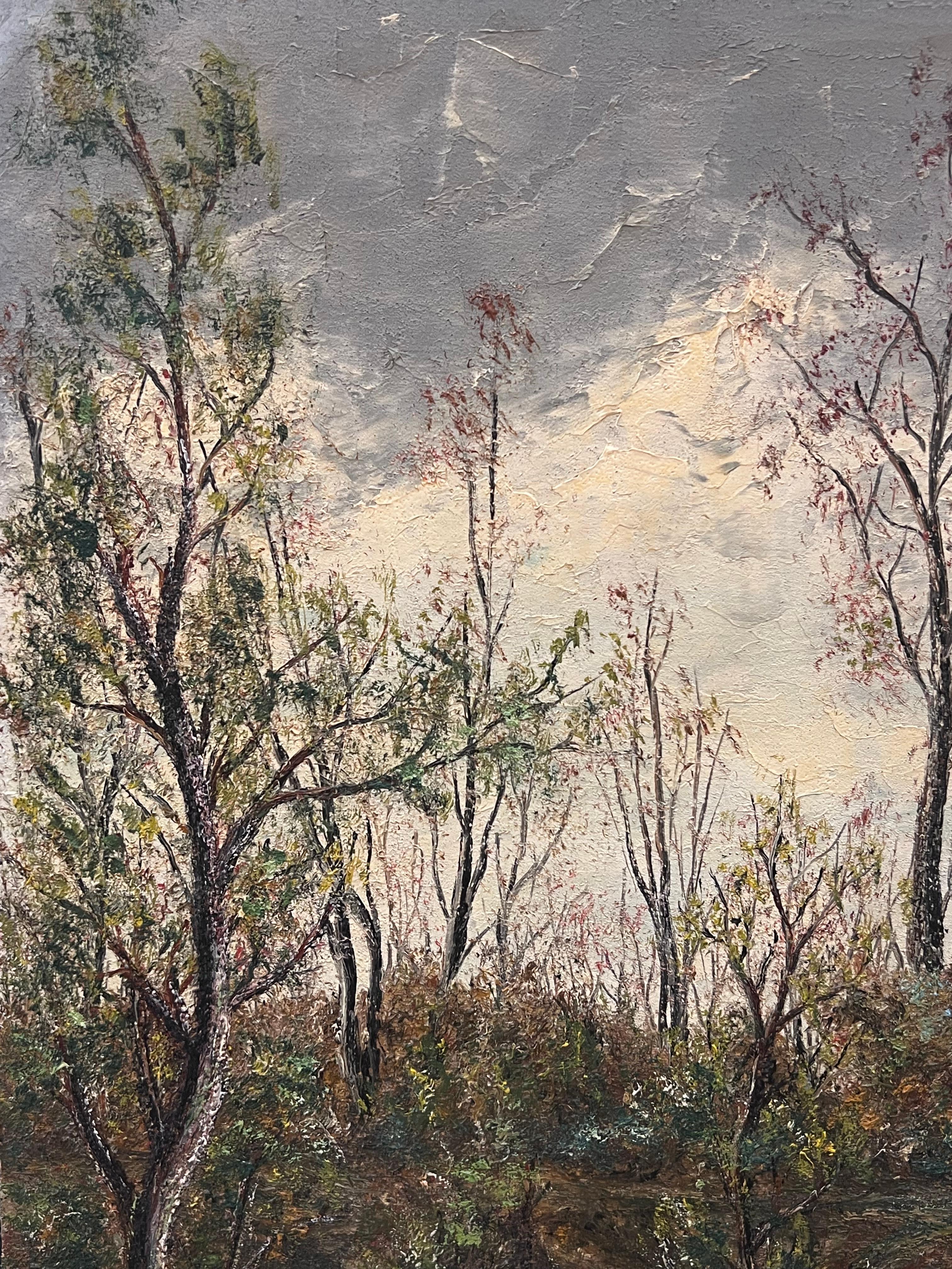 Grand arbre Automne Bois Chemin venteux Peinture à l'huile Paysage en vente 1