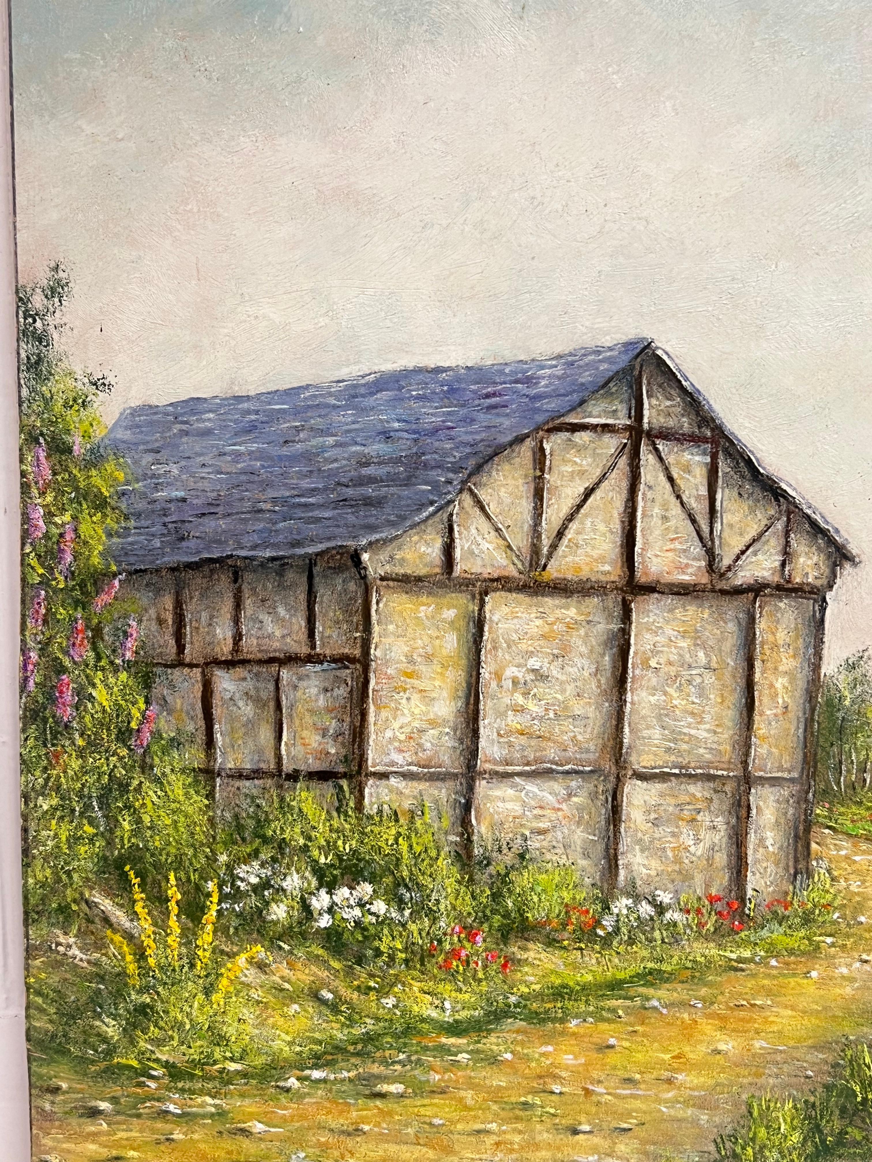 Holz - Gerahmte Scheune mit Gartenblumen entlang eines Landweges Ölgemälde (Französische Schule), Painting, von Jean Fourie