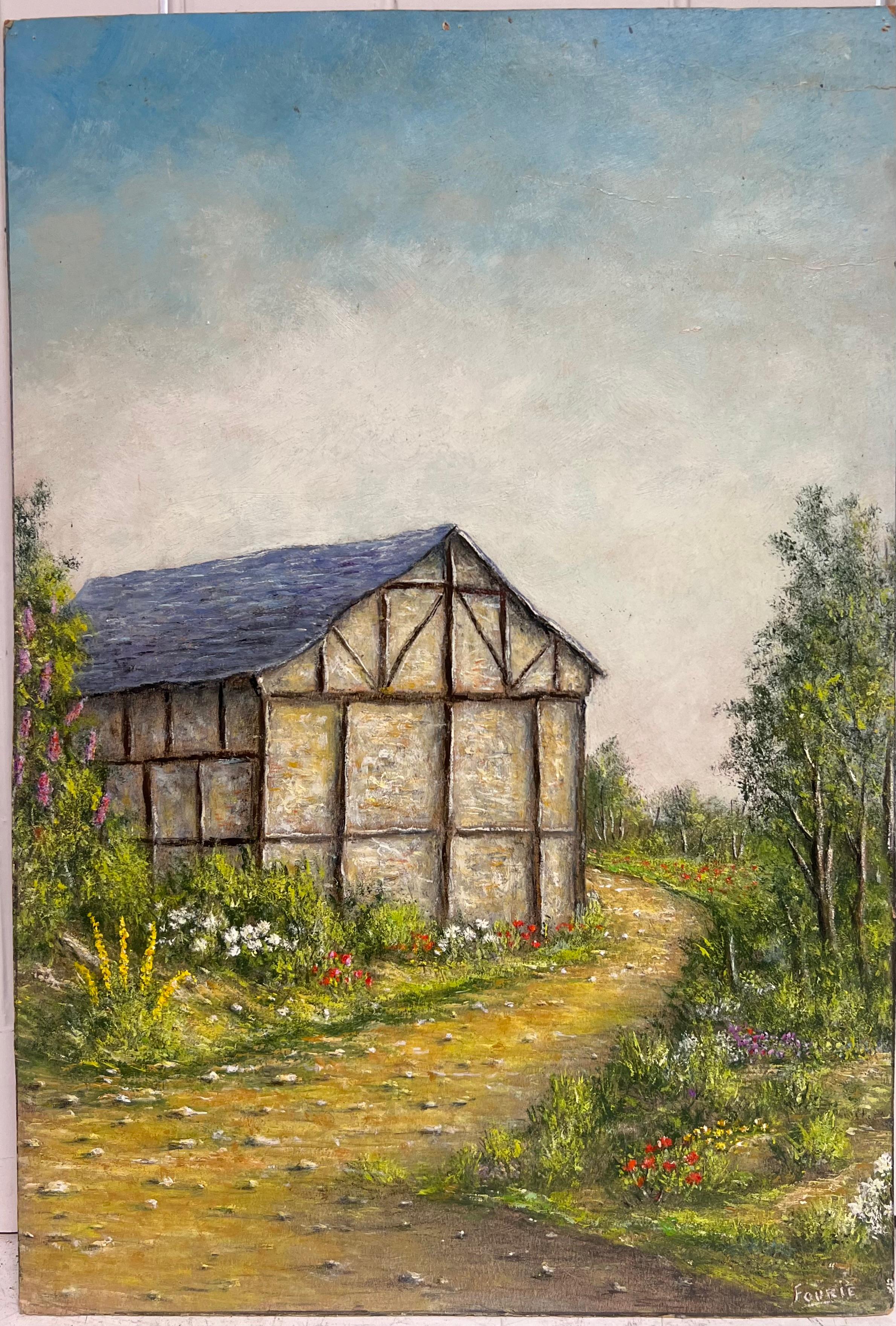 Scheune auf dem Landweg
unterzeichnet von Jean Fourie (1927-2015)
Französischer Künstler, der in der Champagne malt
Ölgemälde auf dünnem Karton, ungerahmt
doppelseitig 
Pappe: 19,5 x 13 Zoll
Zustand: die vier Ecken des Kartons sind leicht