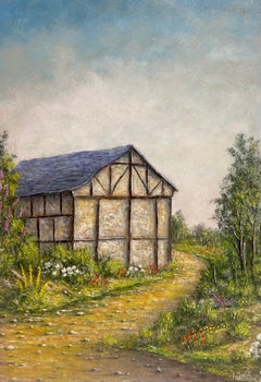 Timber - Framed Barn with Garden Flowers Along a Country Path Peinture à l'huile