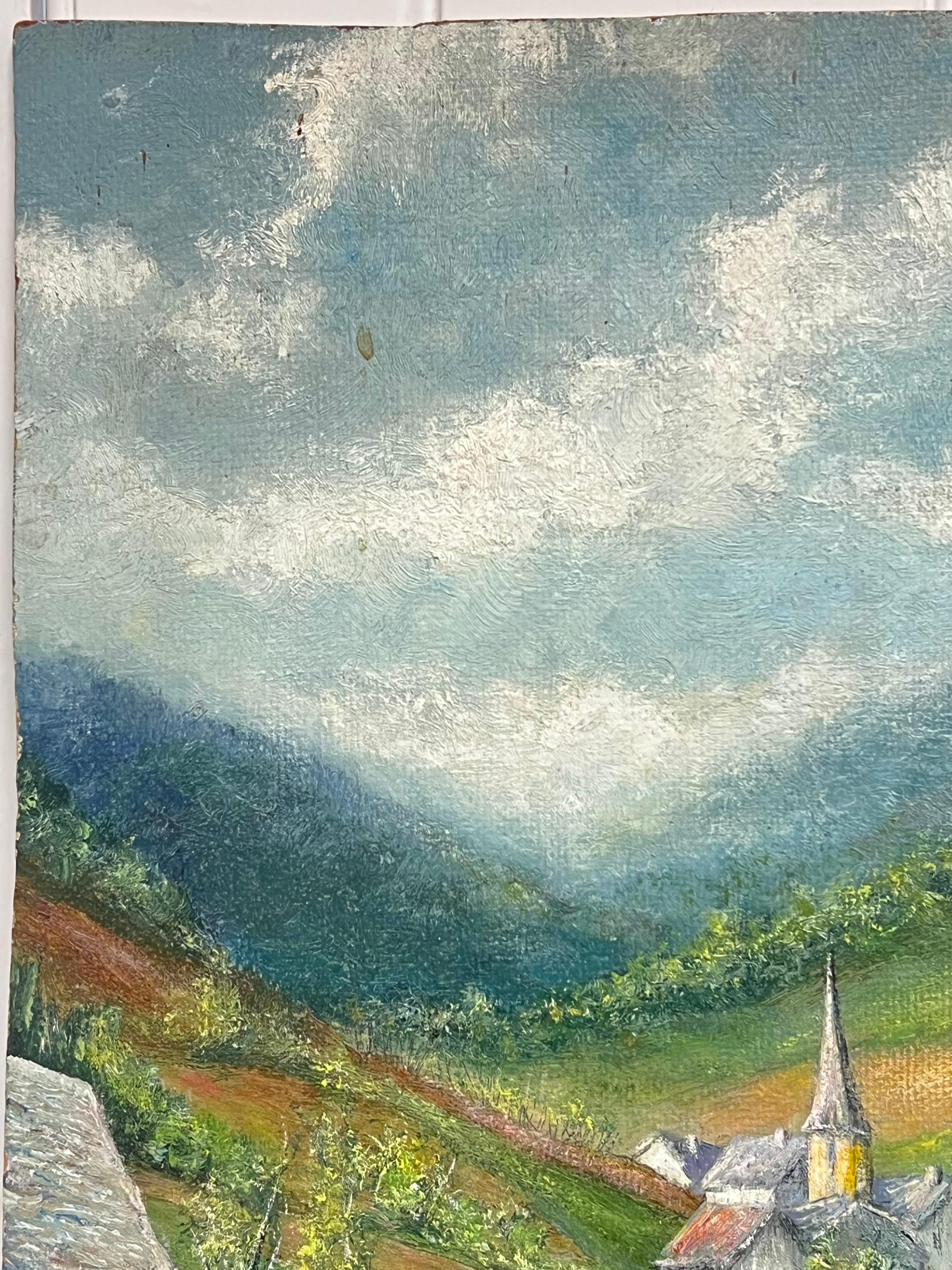Church s'est cachée dans les vallées françaises A.I.C. Peinture à l'huile Paysage - École française Painting par Jean Fourie