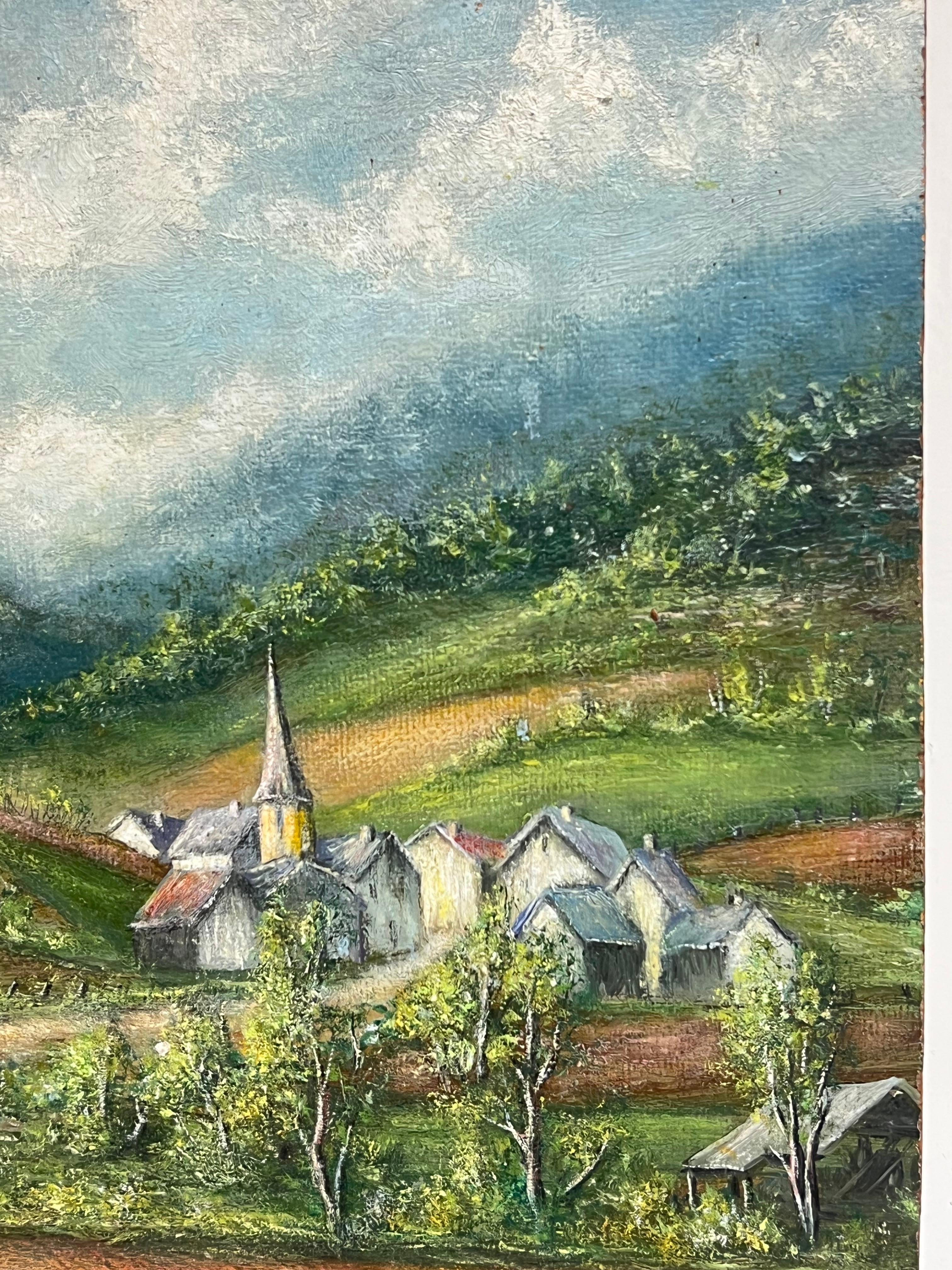 Church s'est cachée dans les vallées françaises A.I.C. Peinture à l'huile Paysage - Gris Landscape Painting par Jean Fourie