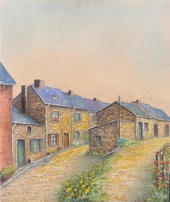 Village Street of Tight Packed Cottages Oil Landscape Painting
