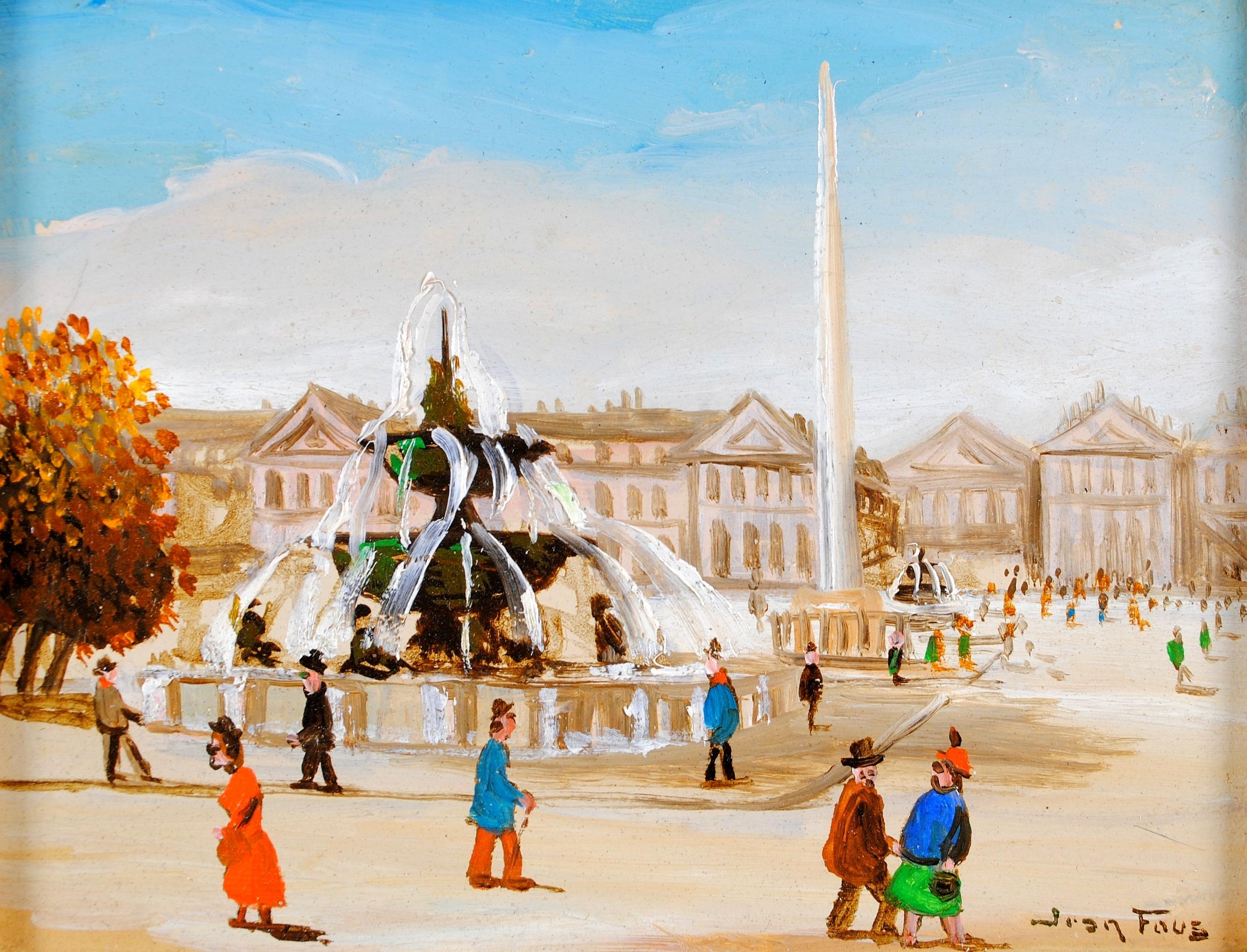 Place de la Concorde - Mediados del siglo XX París Pintura Naïf Francesa Óleo sobre tabla - Painting de Jean Fous