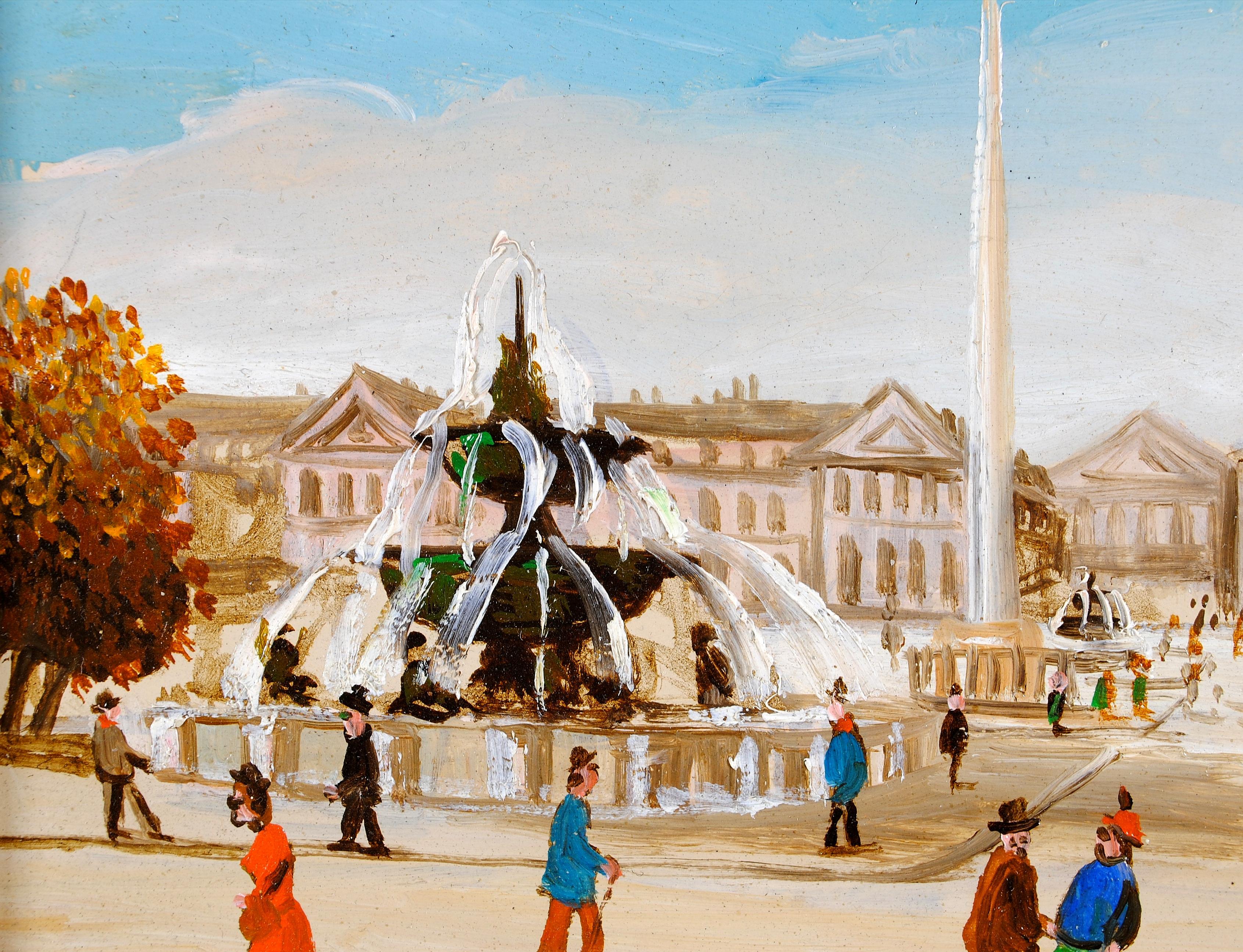 Place de la Concorde - Mediados del siglo XX París Pintura Naïf Francesa Óleo sobre tabla - Landscape Painting Beige de Jean Fous