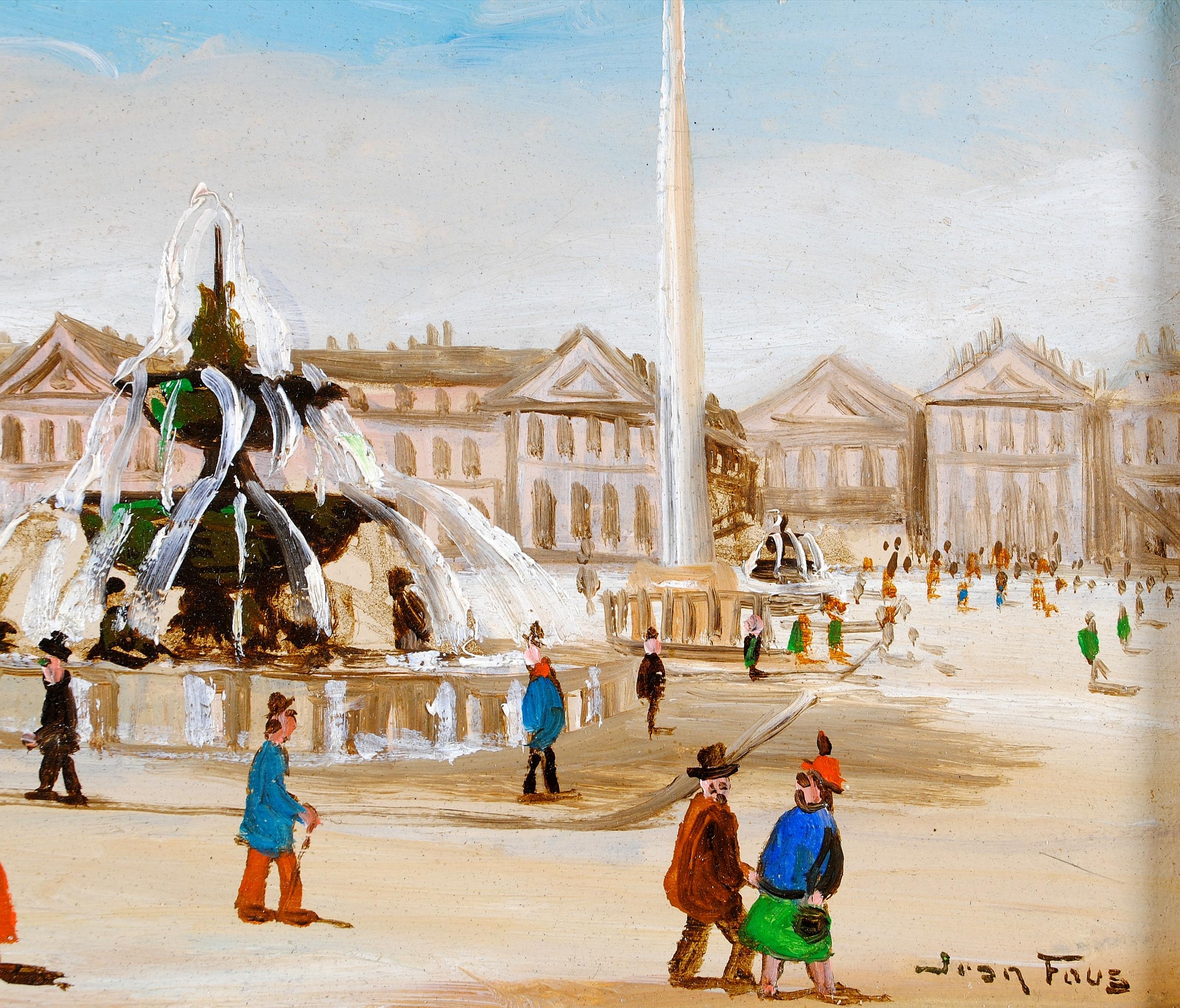 Place de la Concorde - Mediados del siglo XX París Pintura Naïf Francesa Óleo sobre tabla en venta 1