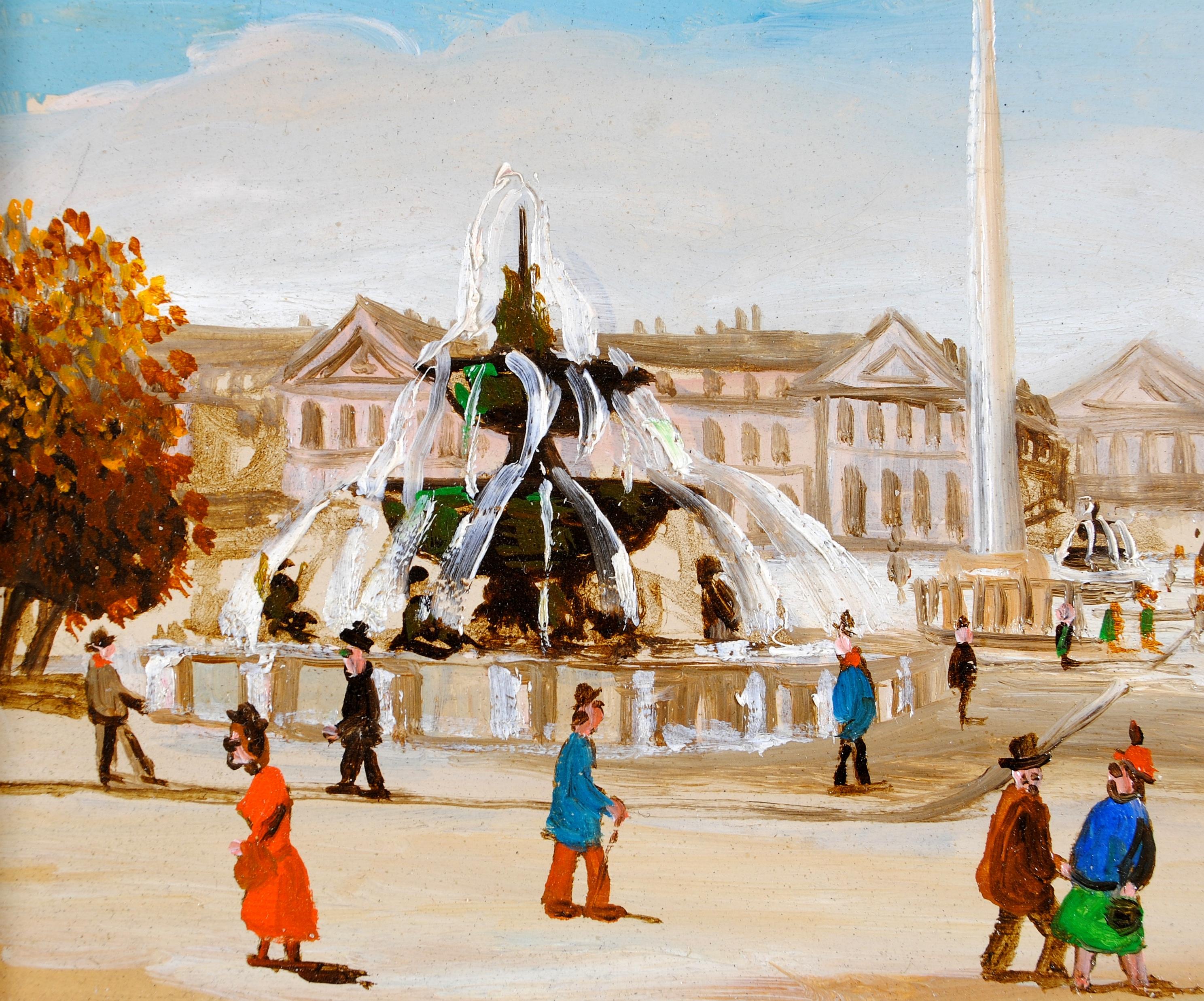 Place de la Concorde - Mediados del siglo XX París Pintura Naïf Francesa Óleo sobre tabla en venta 2