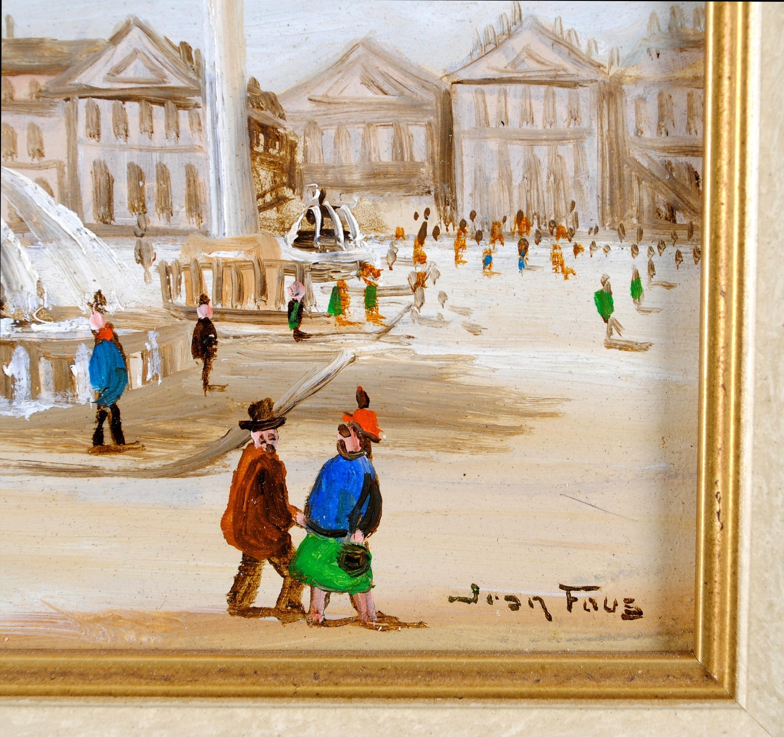 Place de la Concorde - Mediados del siglo XX París Pintura Naïf Francesa Óleo sobre tabla en venta 3
