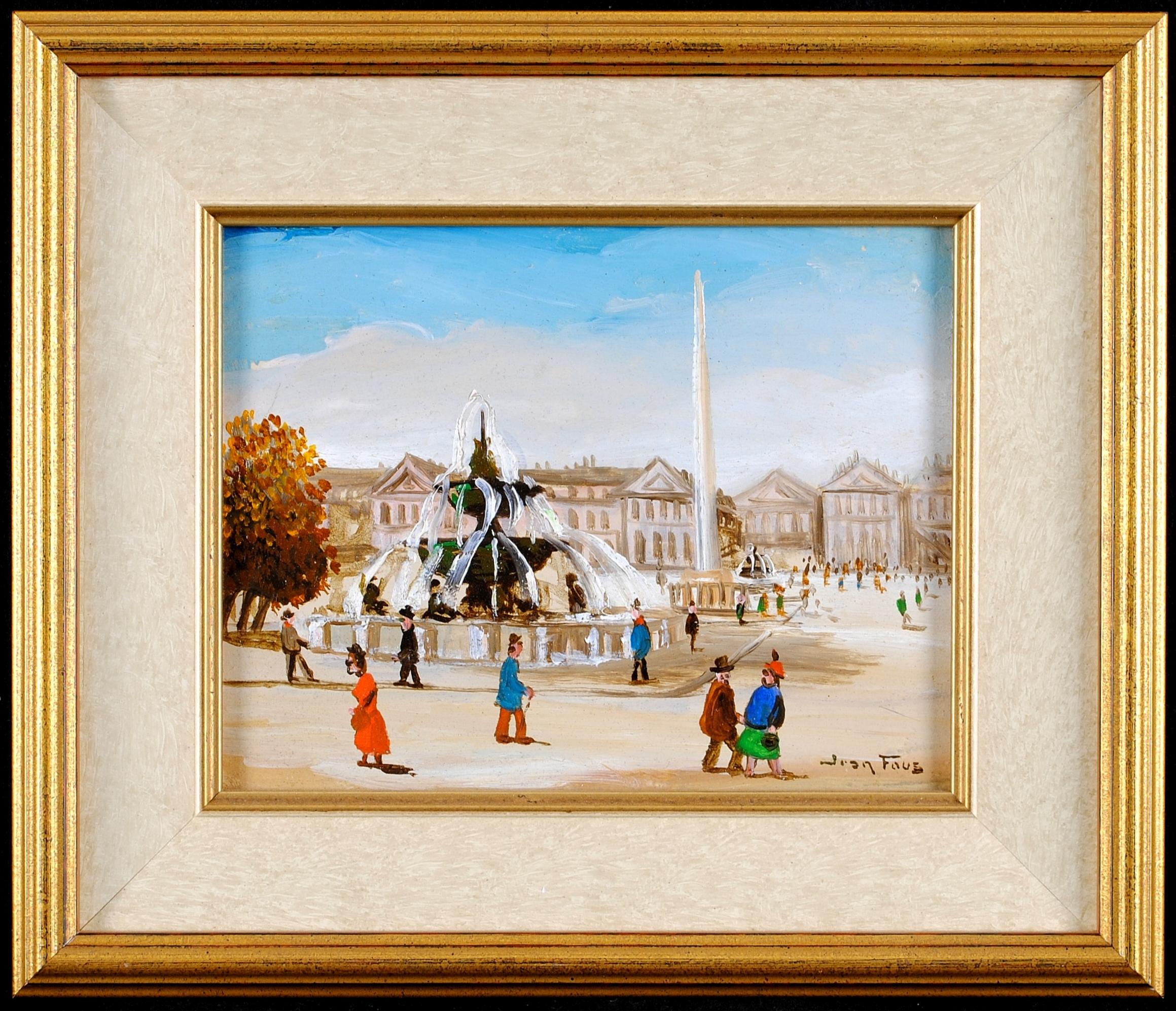 Landscape Painting de Jean Fous - Place de la Concorde - Mediados del siglo XX París Pintura Naïf Francesa Óleo sobre tabla