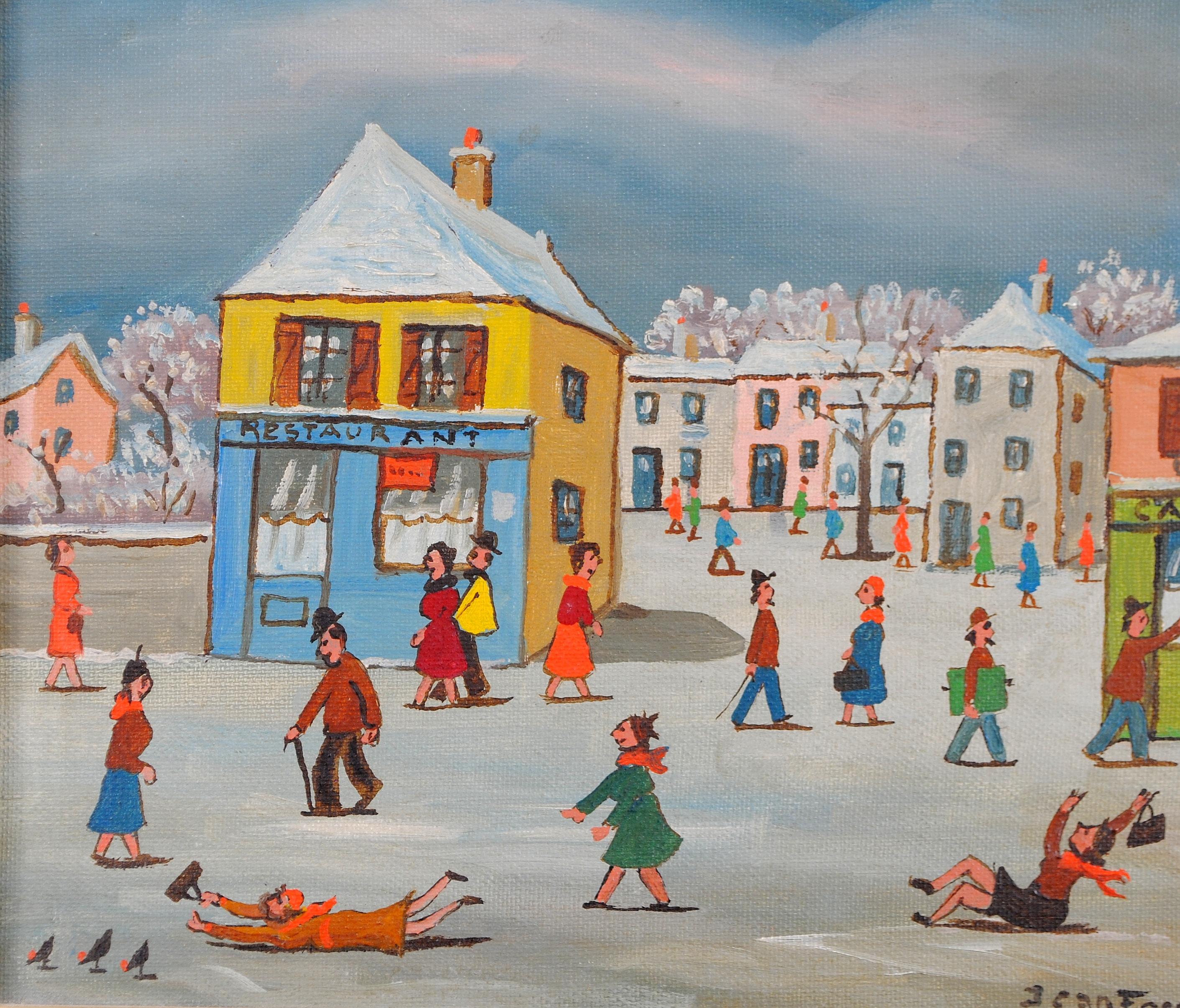 Paseo invernal - Pintura al óleo de mediados del siglo XX en Francia Paisaje naïf de ciudad francesa - Painting de Jean Fous