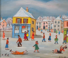 Winter Walk - Mid 20th Century France French Town Naïf Landscape Oil Painting