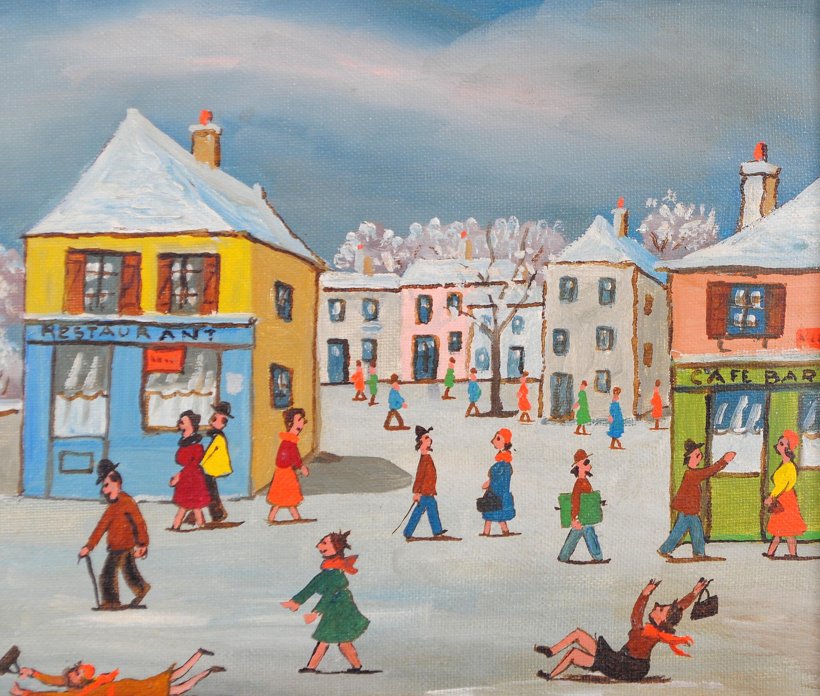 Paseo invernal - Pintura al óleo de mediados del siglo XX en Francia Paisaje naïf de ciudad francesa - Landscape Painting Marrón de Jean Fous