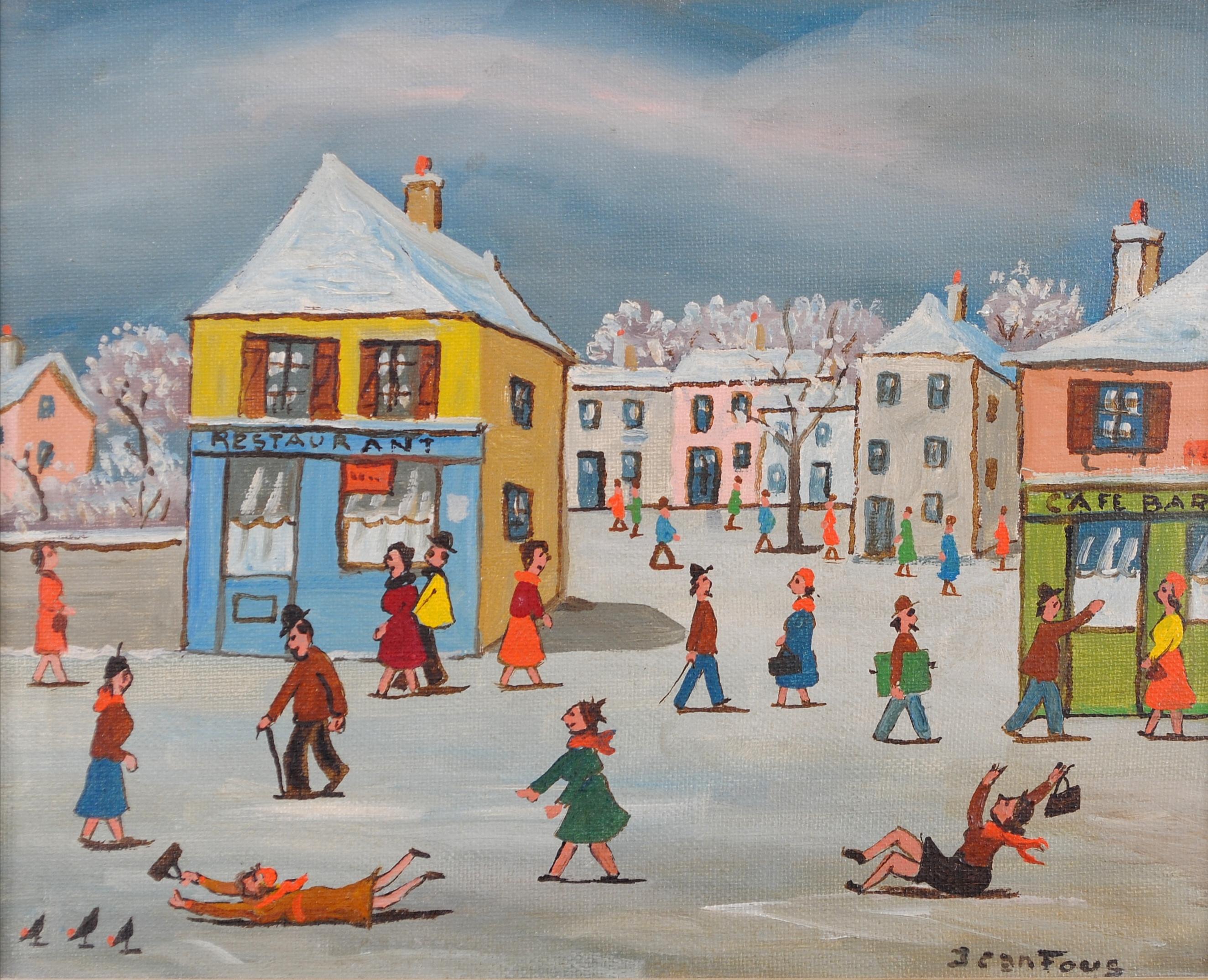 Precioso óleo sobre tabla naïf francés de mediados del siglo XX que representa figuras en una ciudad cubierta de nieve, obra de Jean Fous. Titulado 