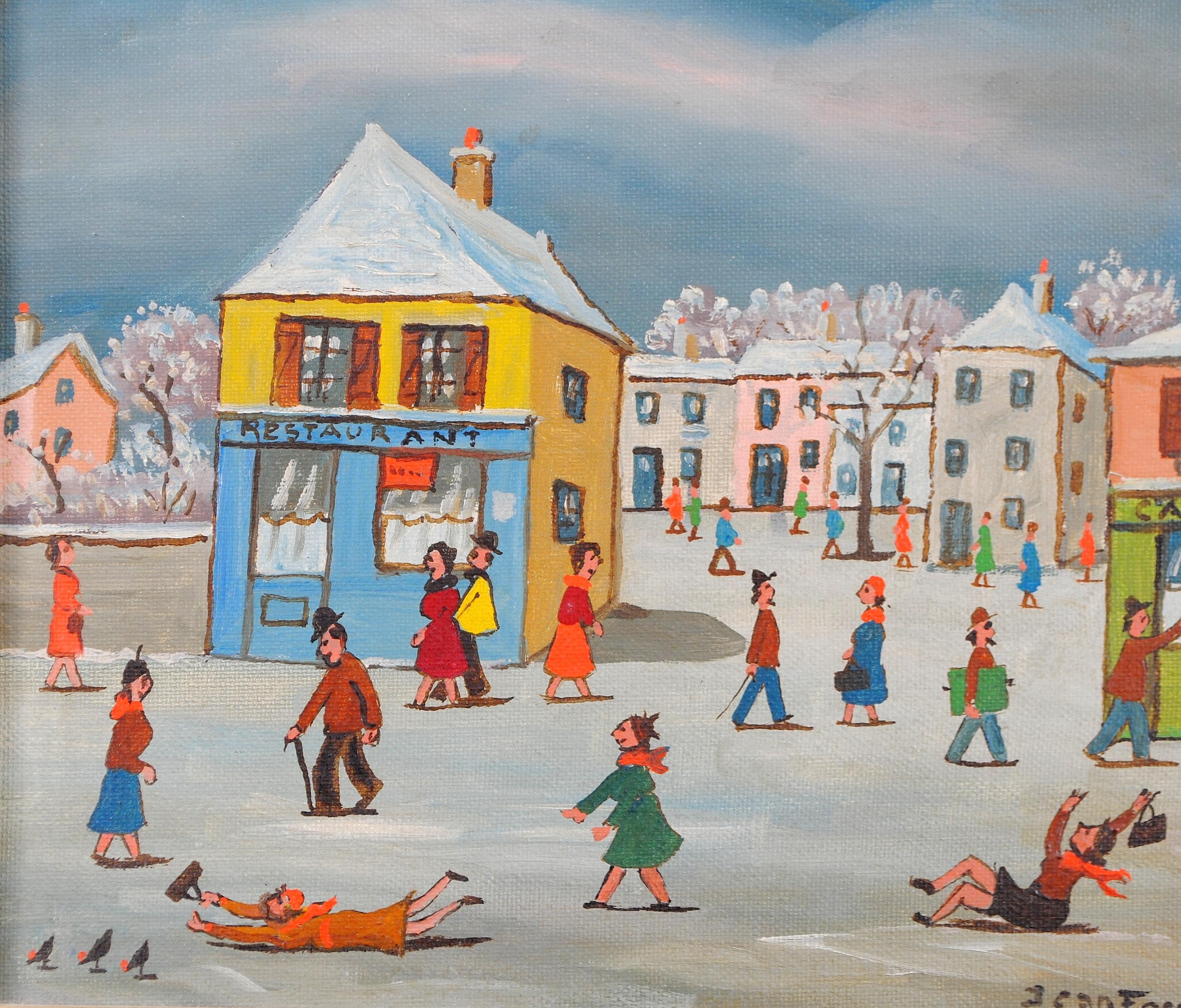 Paseo invernal - Pintura al óleo de mediados del siglo XX en Francia Paisaje naïf de ciudad francesa en venta 1