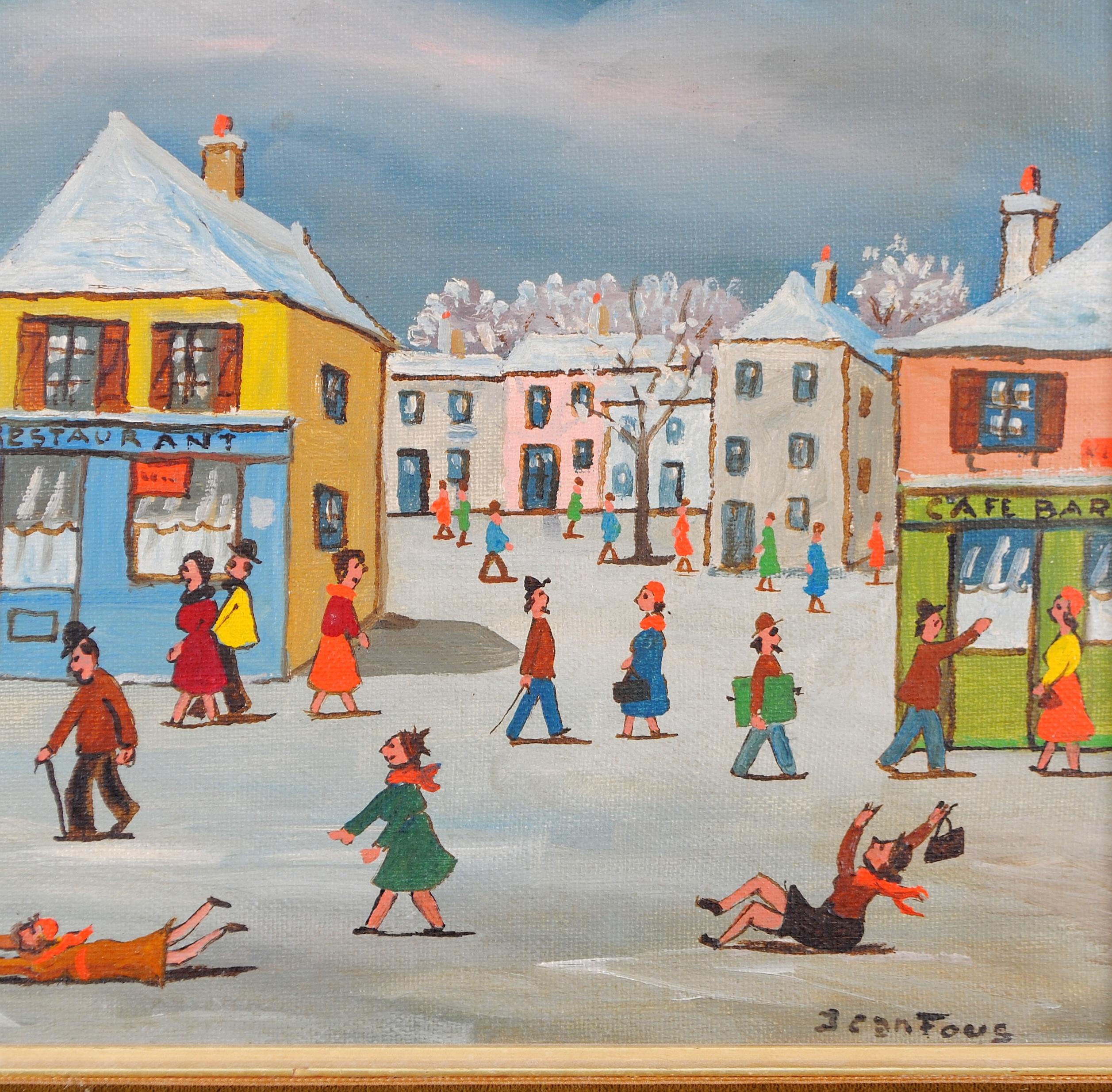 Paseo invernal - Pintura al óleo de mediados del siglo XX en Francia Paisaje naïf de ciudad francesa en venta 2