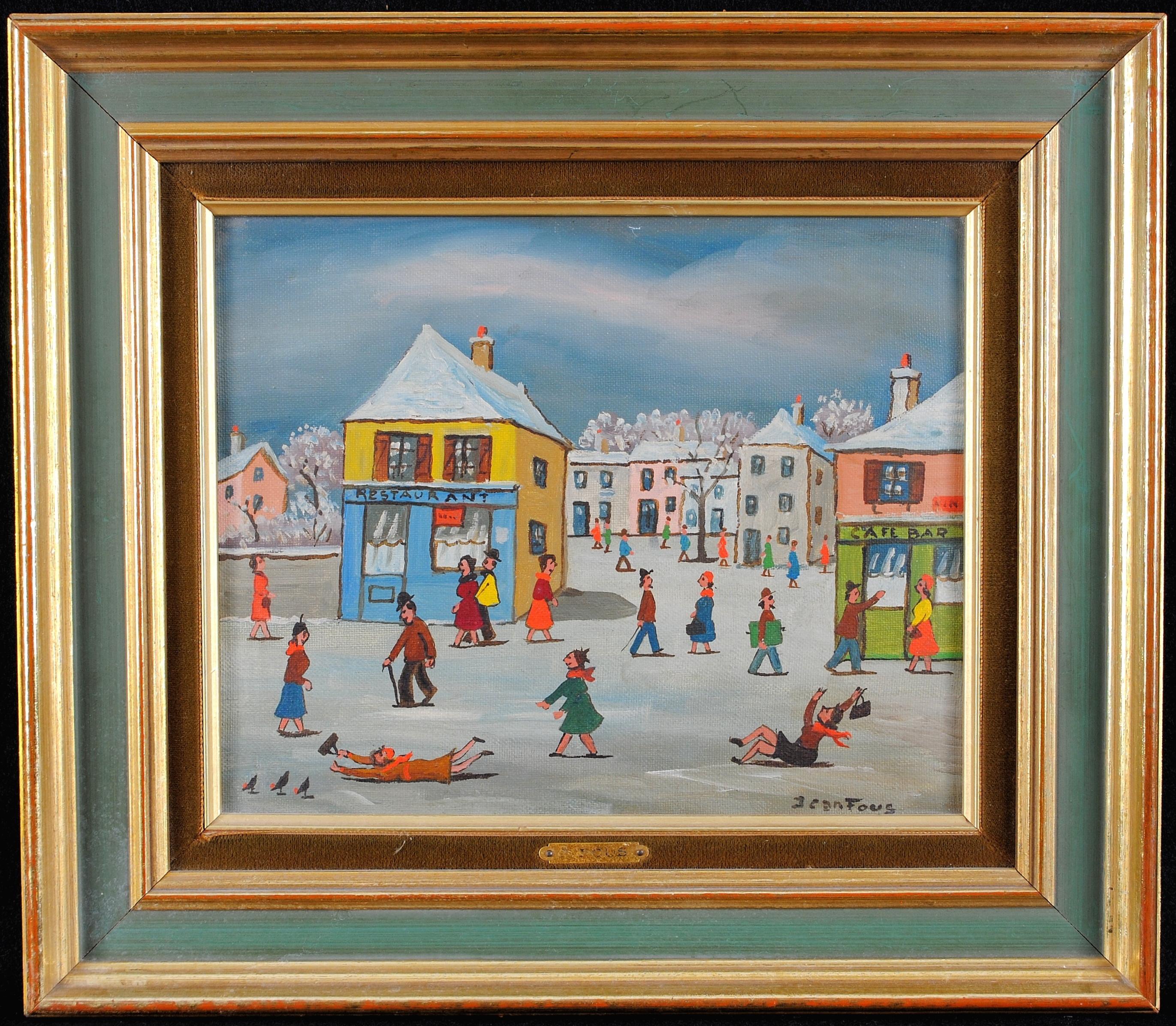 Landscape Painting de Jean Fous - Paseo invernal - Pintura al óleo de mediados del siglo XX en Francia Paisaje naïf de ciudad francesa