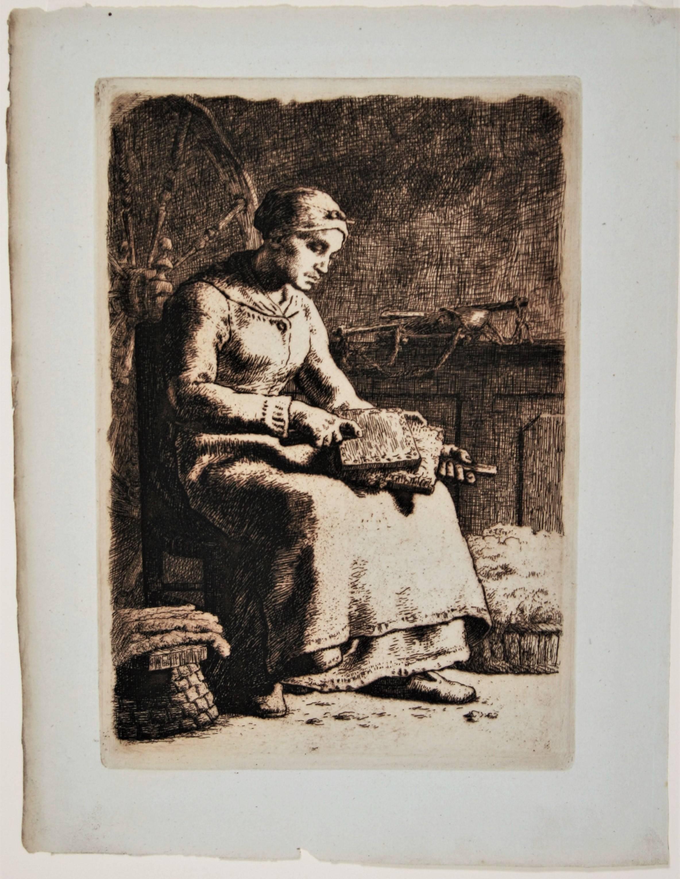 La Cardeuse (Woman Carding Wool) - Print by Jean François Millet